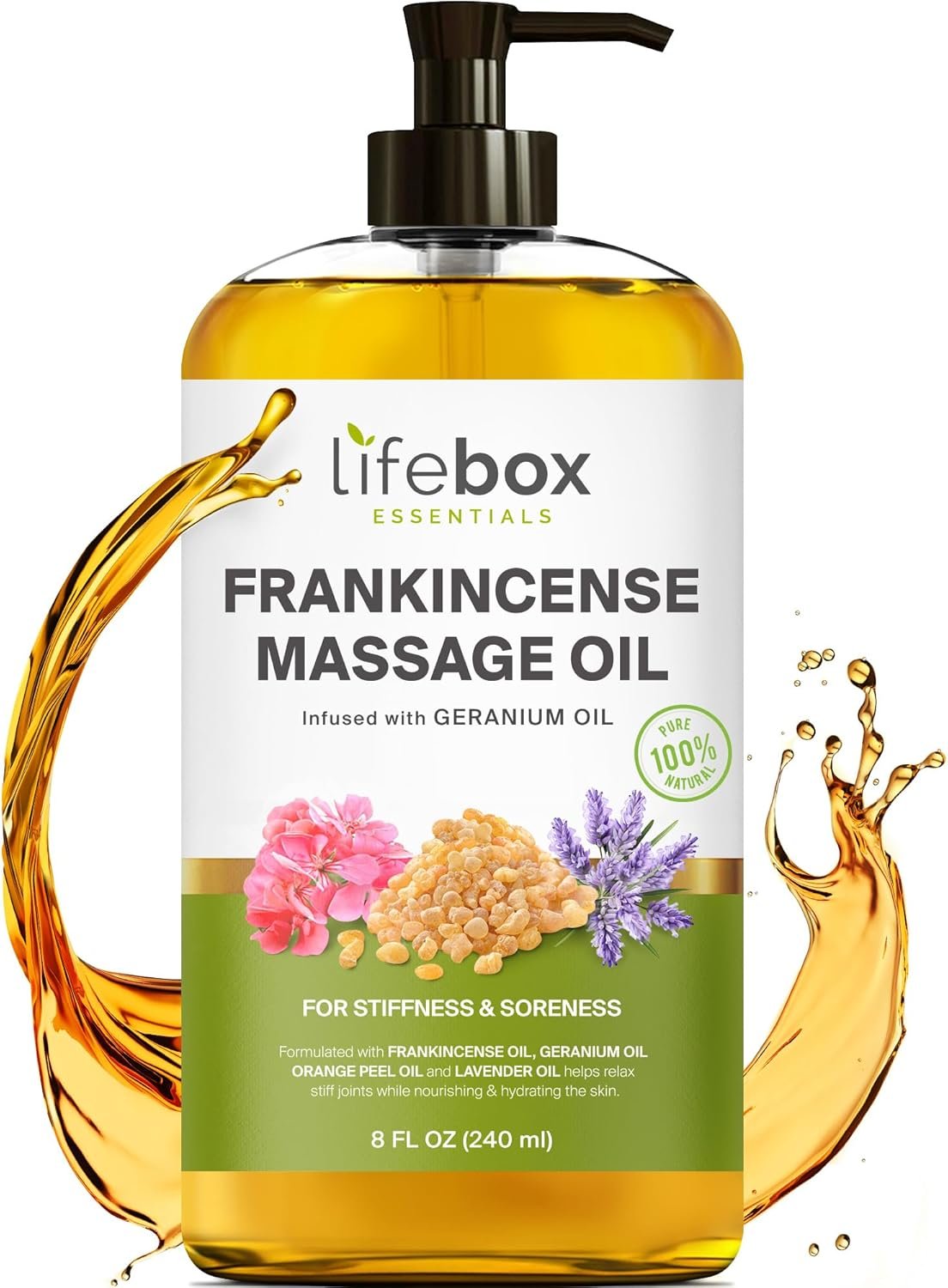 Frankincense Massage Oil – 100% Pure & Natural – Massage Therapy Oil for Soreness & Stiffness – Stretch Marks and Scars Body Oil Infused with Frankincense Essential Oil and Geranium Oil – 8 FL OZ