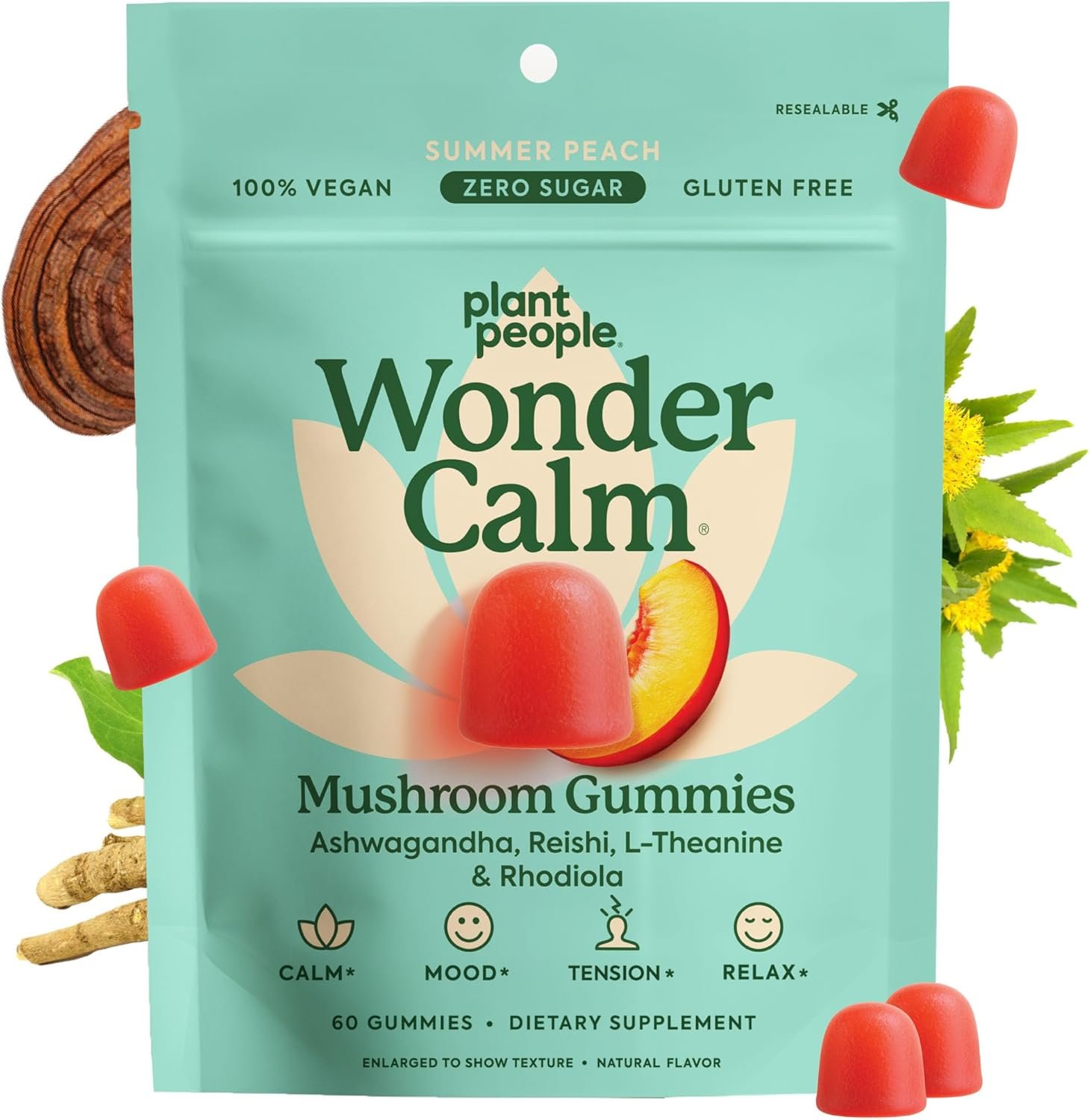 Plant People WonderCalm Mushroom & Ashwagandha Gummies – Natural Calm Gummies to Ease Stress & Boost Mood for Adults Without Sugar, Gluten or Artificial Colors, Vegan-Friendly, Peach Flavor, 60 Count