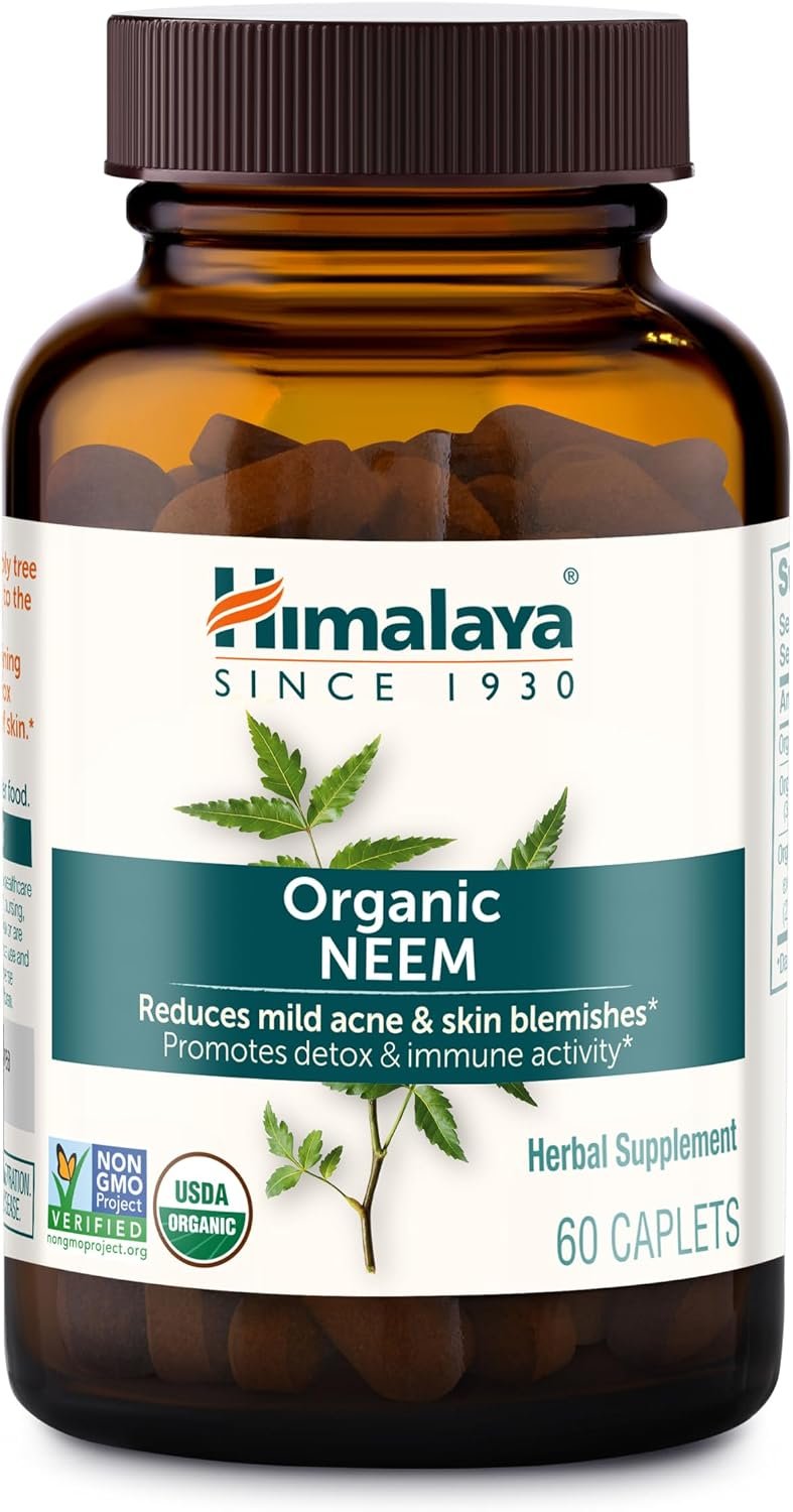 Himalaya Organic Neem, 60 Day Supply – Herbal Acne Supplements Supporting Clear Skin and Detox – USDA Organic, Vegan, Non-GMO, Gluten Free, 600 mg, 60 Caplets
