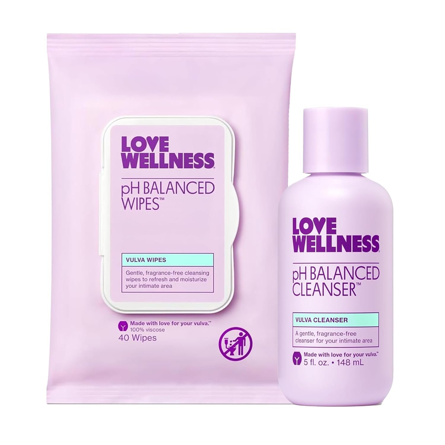 Love Wellness pH Balanced Cleanser & pH Balanced Wipes | Her Essentials Duo | On The Go Support for Her | Cleanser for Balanced pH, Intimate Health & Hygiene