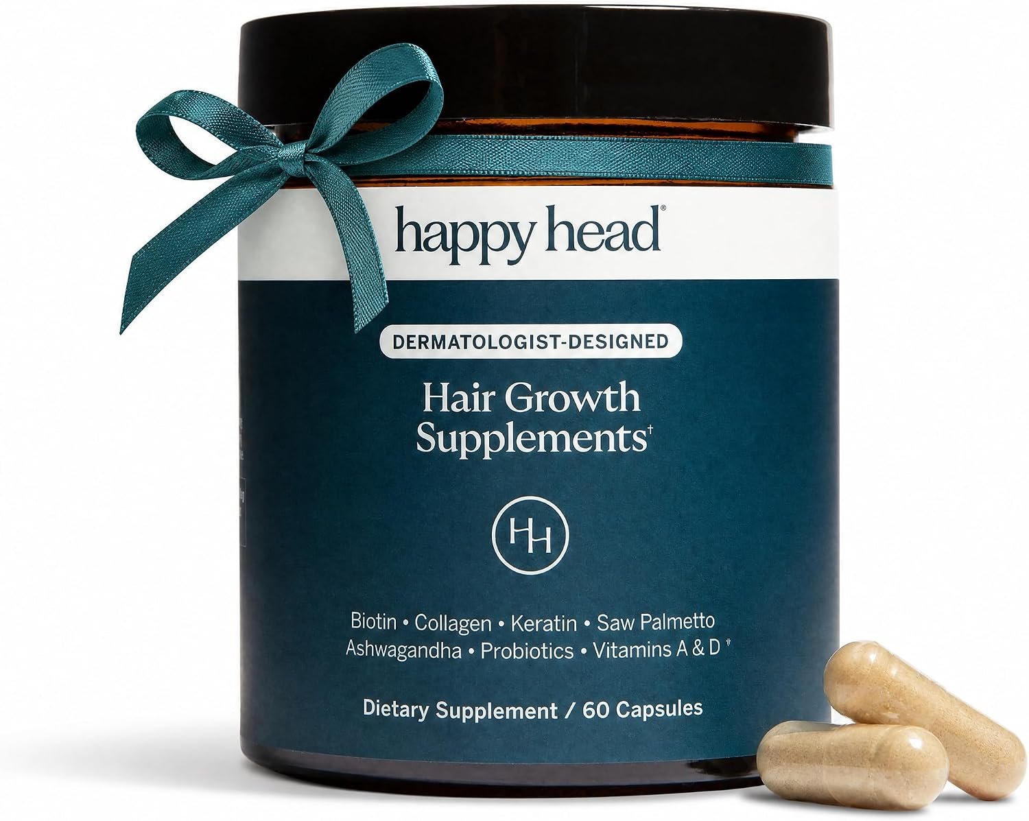 Happy Head Hair Supplement Capsules for Men & Women with Biotin, Collagen, Keratin, Ashwagandha, Vitamins D, Vitamin A, & Saw Palmetto, Daily Hair Care Support Formula, 1 Month Supply, 60 Capsules