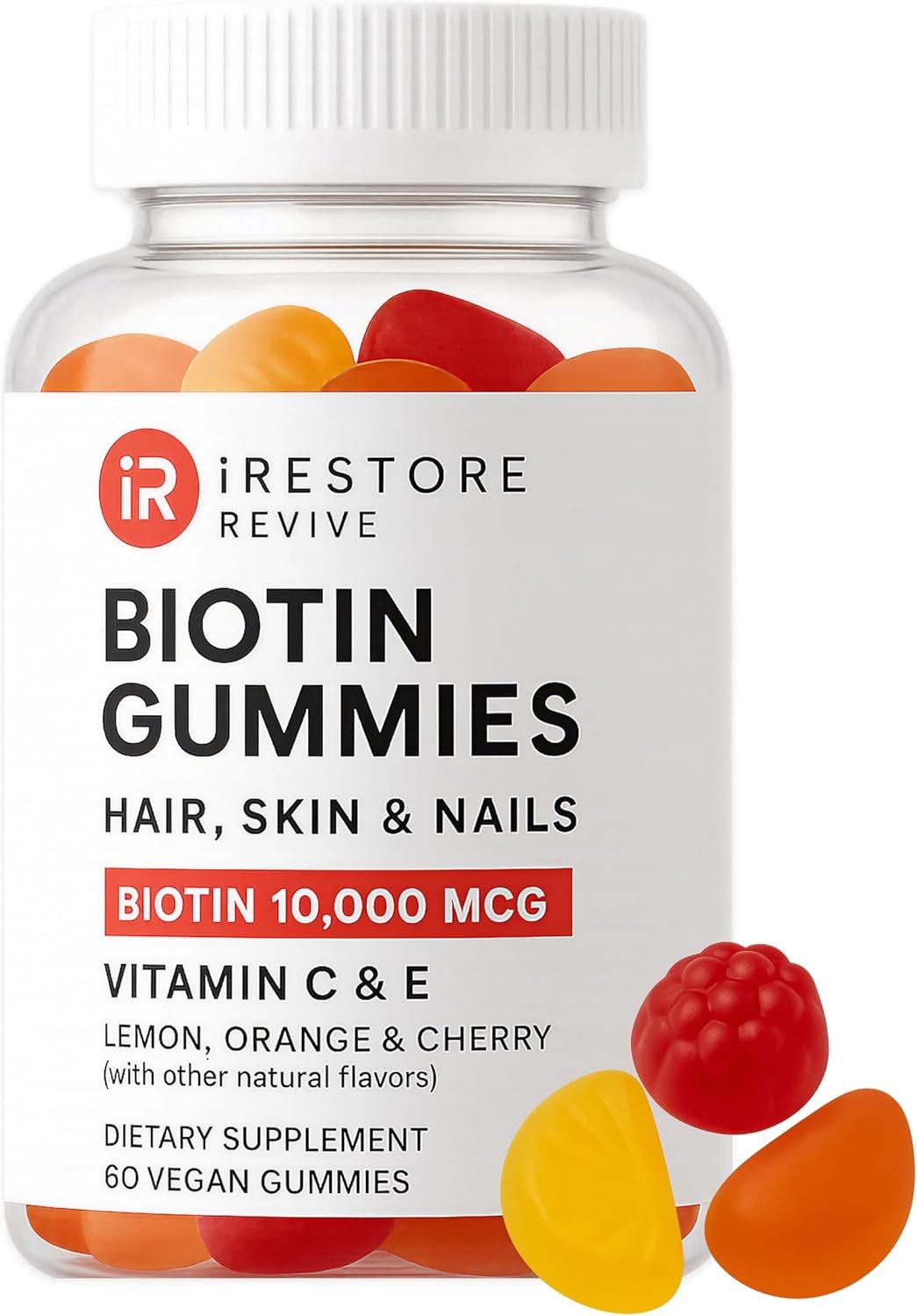 iRestore Biotin Gummies 10,000 mcg – 3 Natural Fruit Flavors, Hair Vitamins Multi Supplement for Hair Skin and Nails for Women & Men, 60 Vegan Gummies, 30 Day Supply