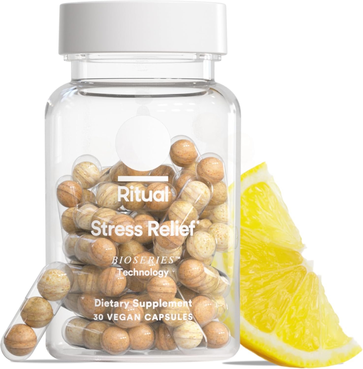 Ritual Stress Relief Supplement – Ashwagandha, L-Theanine, & Saffron – Helps Reduce Stress, Manage Cortisol, Promotes Calm, Relaxation* – All Day Support* – Vegan – Citrus – 30 Capsules – 30 Servings