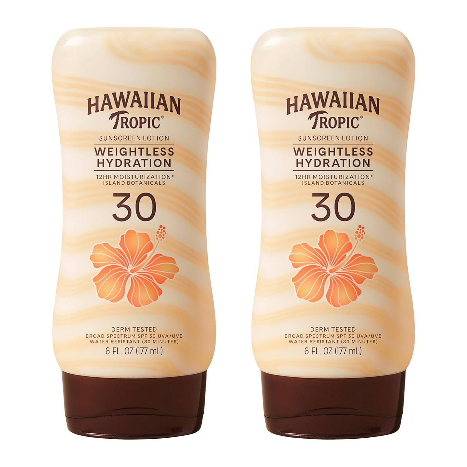 Hawaiian Tropic Weightless Hydration Lotion Sunscreen SPF 30, 6 Fl Oz Twin Pack, Oil Free Sunscreen, Hawaiian Tropic Sunscreen SPF 30, Oxybenzone Free Sunscreen, Body Sunscreen Pack, 6 Fl Oz each