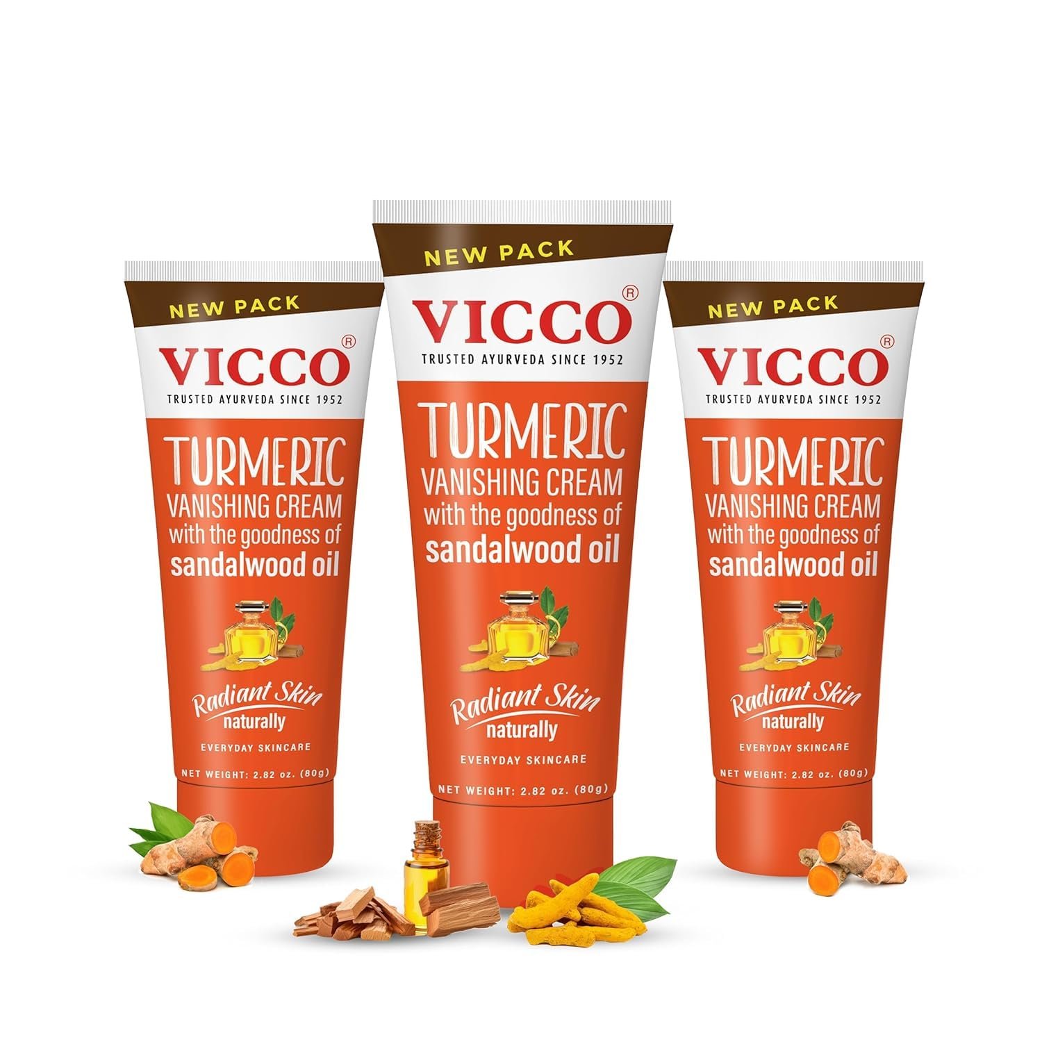 Vicco Turmeric Vanishing Cream with Sandalwood Oil – 70 Year Legacy of Ayurveda, with Turmeric for Daily Skincare, Lightweight Formula, Vegan, 100% Natural – 2.82 oz (3 Pack)