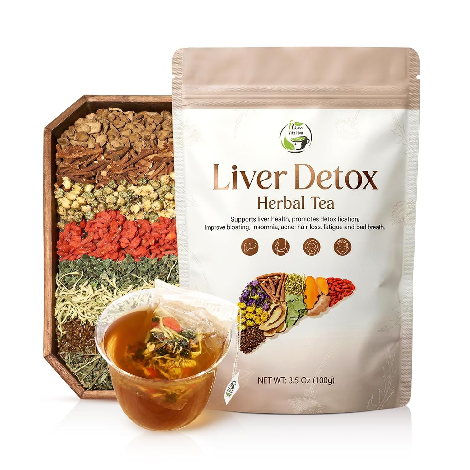 Vital Tea Liver Detox Herbal Tea, Liver Cleanse Detox Tea Blend with Milk Thistle, Dandelion Root, Chrysanthemum Natural Loose Leaf Tea for Liver Health, Includes Spoon & Tea Bags