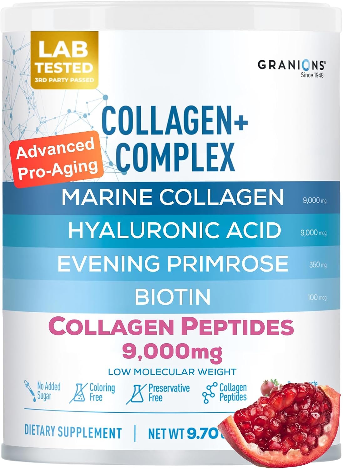 Marine Collagen Powder Supplement – Type I Hydrolyzed Marine Collagen Peptides, Protein, Biotin, Hyaluronic Acid, Vitamin C, Vital Antioxidants – Skin Supplements for Women – Pomegranate, 9.7oz