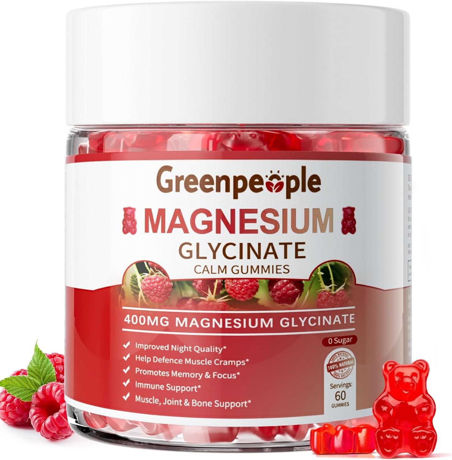 GREENPEOPLE Magnesium Glycinate Gummies 400mg – Sugar Free Magnesium Supplement with Magnesio Citrate, Vitamin D, and B6 for Calm Support & Sleep for Adults – High Absorption – Raspberry Gummies