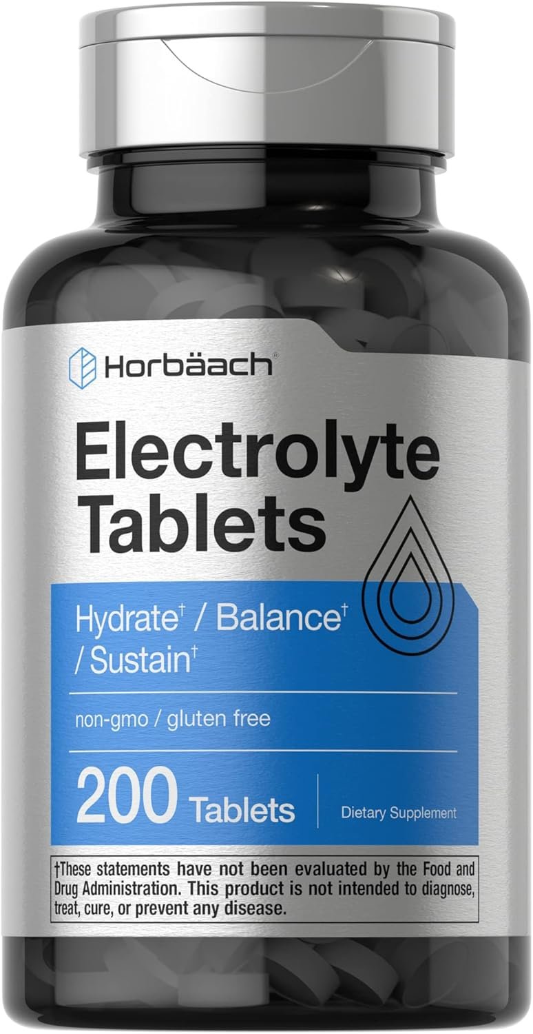 Horbäach Electrolyte Tablets | 200 Count | Helps Hydrate, Balance, & Sustain | with Calcium, Magnesium, Chloride, Sodium and Potassium | Vegetarian, Non-GMO & Gluten Free