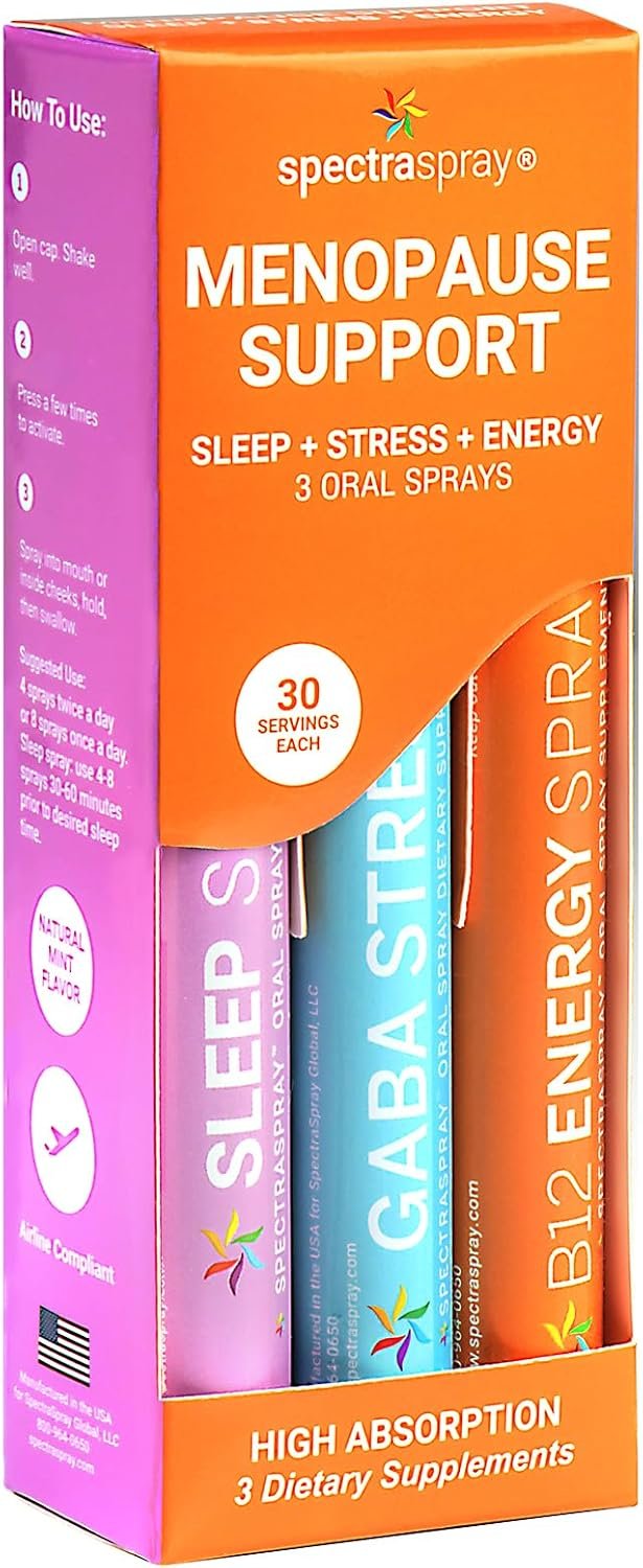 SpectraSpray Menopause Support Spray Supplements Kit – Sleep + B12 Energy + GABA Relaxation & Calm, 30 Day Supply per Spray, Natural Mint Flavor