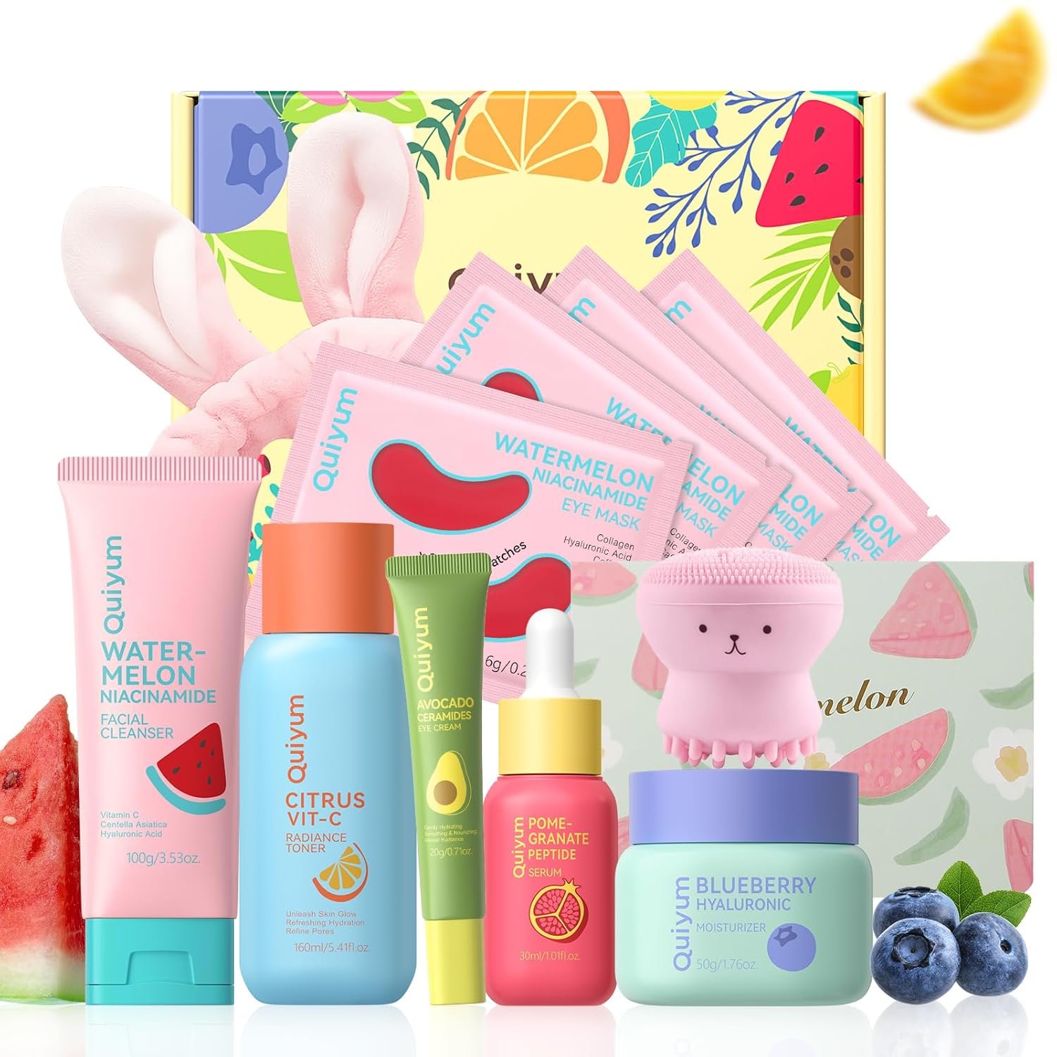 QUIYUM Early Anti-Aging Skincare Set, for Light Mature Skin, 6-Piece Natural Fruit Kit with Peptide, Vitamin C & Ceramide – Reduces Fine Lines & Dull Skin, Birthday Gifts for Women, Christmas Gift
