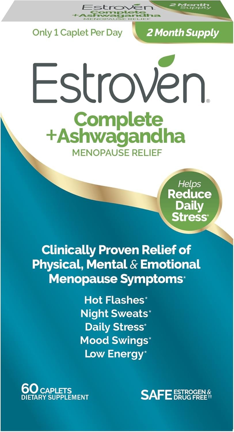 Estroven Complete + Ashwagandha Multi-Symptom Menopause Supplement for Women – 60 Ct. – Clinically Proven Ingredients Provide Menopause Relief & Night Sweats + Hot Flash Relief* – Drug-Free & Non-GMO