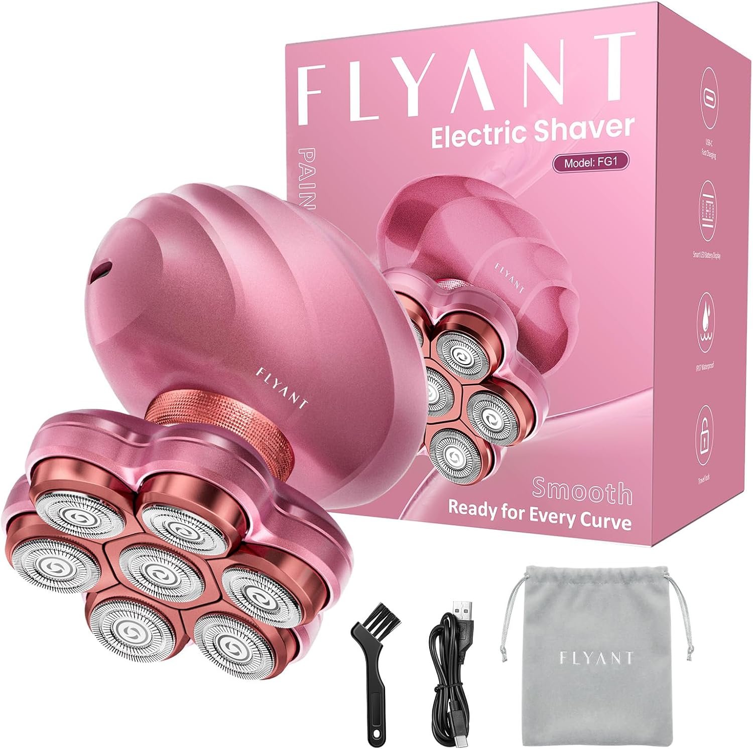 Flyant Electric Razors for Women Legs, 7D Rechargeable Body Shaver, IPX7 Waterproof Wet Dry Electric Shaver, Lady Hair Remover for Face Underarm Pubic, Pink