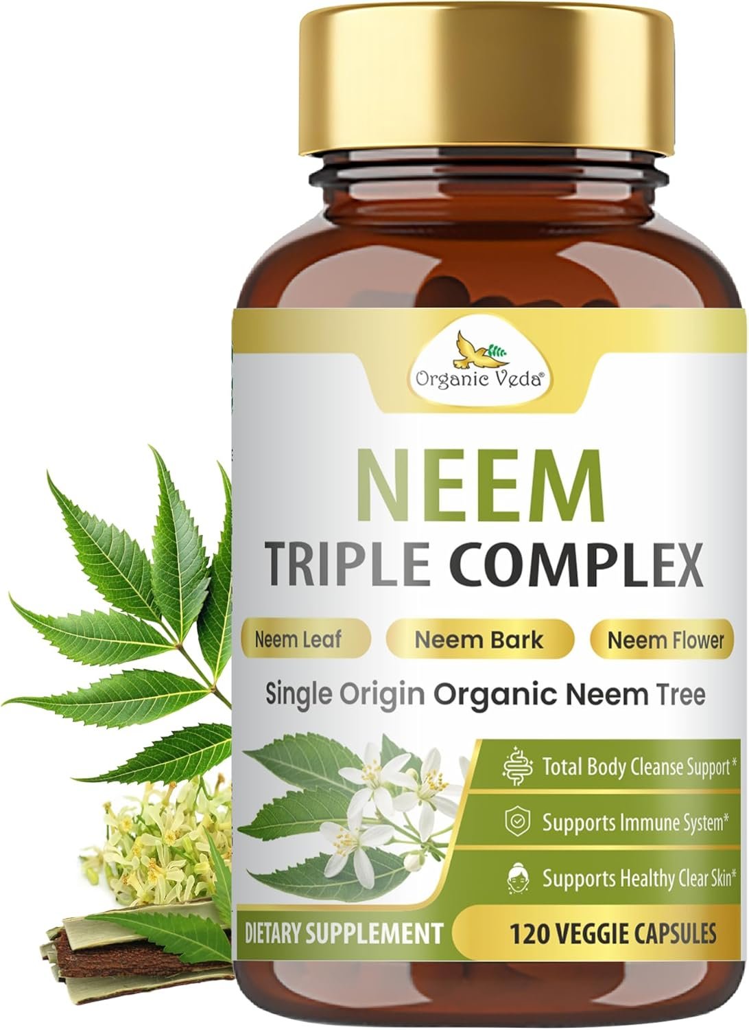 Organic Veda Neem Capsules Triple Complex Neem Leaf, Bark & Flower Extracts – Herbal Supplement for Acne, Cleanse & Clear Skin Health – Boost Immune, Gut Health for Women & Men – 120 Vegan Capsules