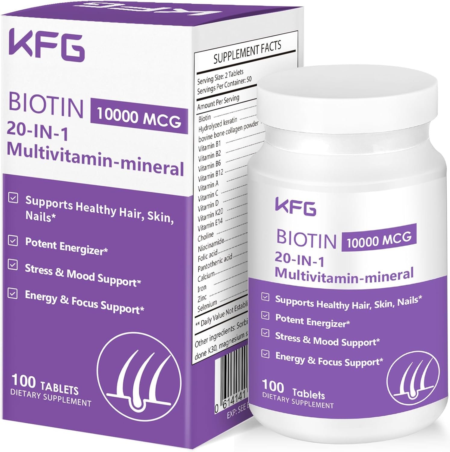 KFG Biotin 10000mcg, Women’s Multivitamin-Mineral, with Keratin, Collagen, Calcium, Niacinamide & Vitamins A, B, D, C, E, for Women Hair, Skin, Nail & Bone Health, 100 Tablets.