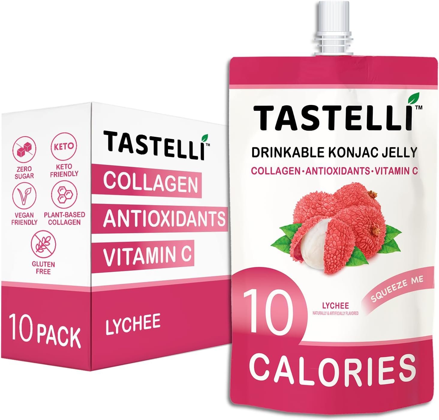 Tastelli Lychee Konjac Jelly with 1000mg Collagen & Vitamin C | Sugar Free Gluten Free Low Calorie | Vegan Fruit Snack | 150mL x 10 Pouches