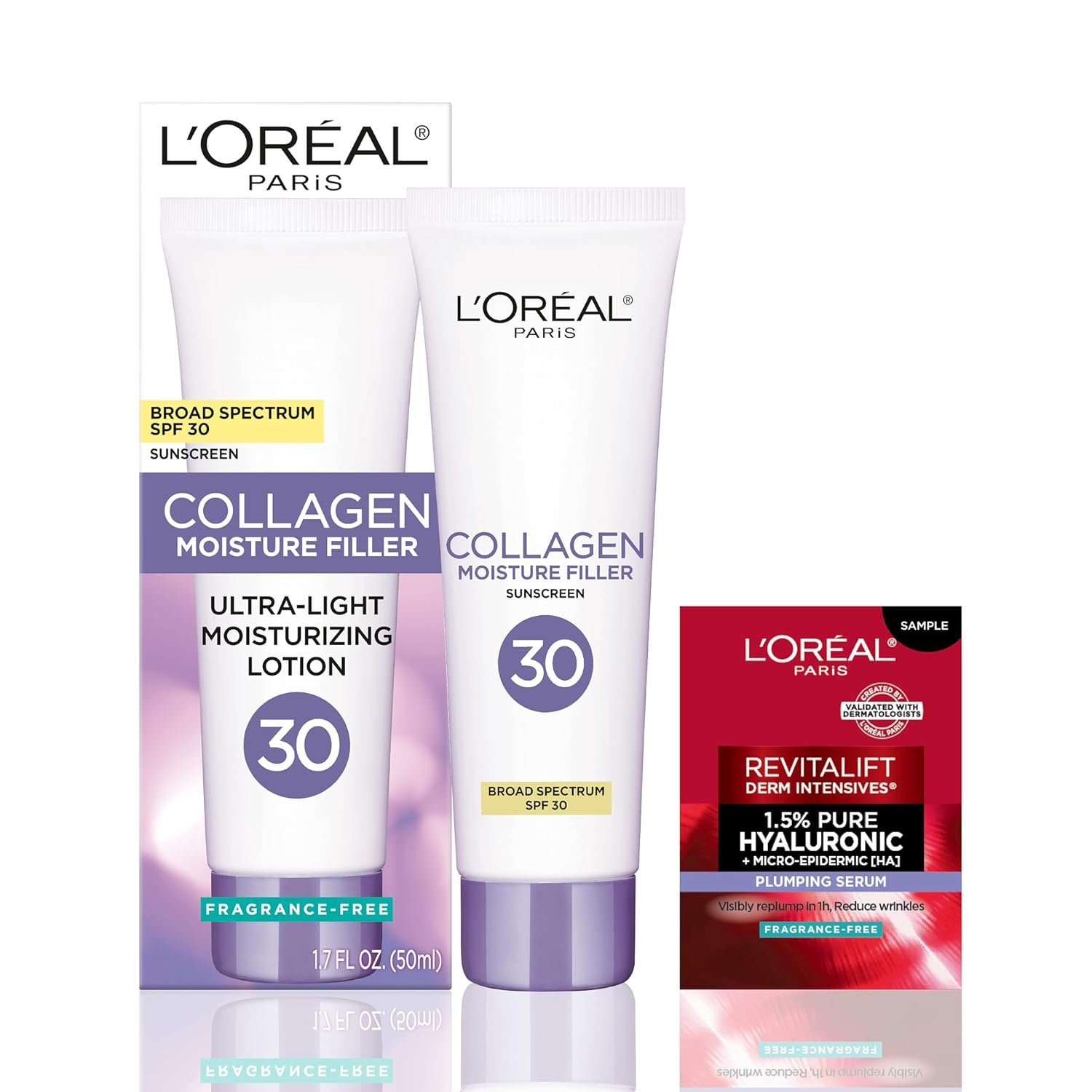 L’Oreal Paris Collagen Moisture Filler Face Cream with Broad Spectrum SPF 30, Anti-Aging Moisturizer and Daily Sunscreen, Includes Face Serum Sample