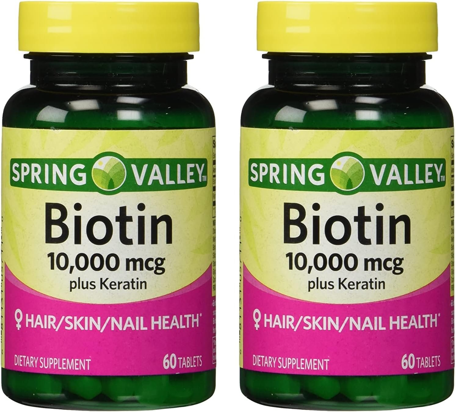 Spring Valley 10000mcg Biotin with 100mg Keratin Dietary Supplement, 60 Tablets (Pack of 2) + Your Vitamin Guide©