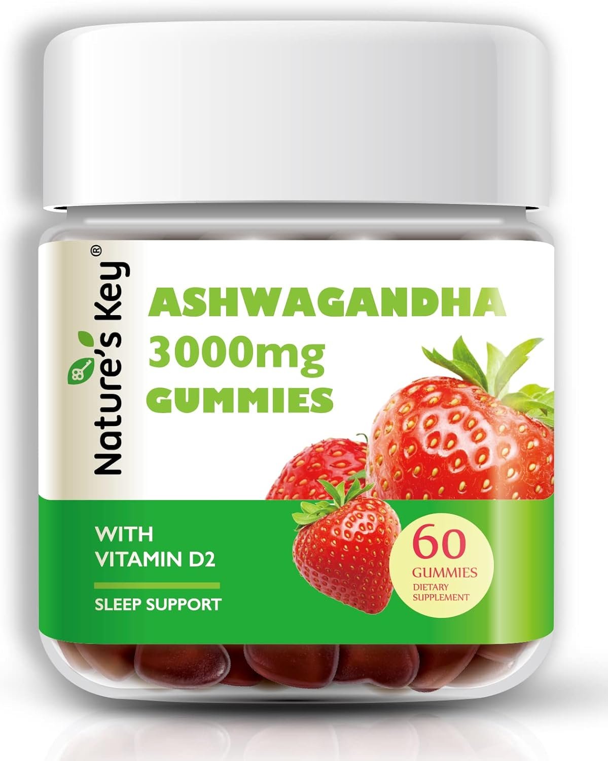 Nature’s Key Ashwagandha Gummies, 3000mg High Potency Ashwagandha Root Extract with Vitamin D2, Stress, Calm Mood & Cognition, for Men & Women, Strawberry Flavor (60 Count (Pack of 1)