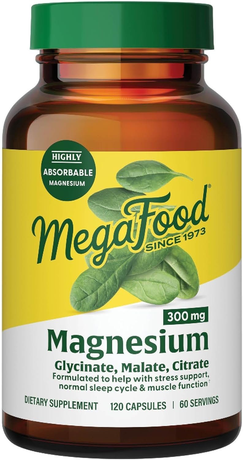 MegaFood Magnesium Glycinate, Citrate & Malate 300mg; Highly Absorbable Triple Magnesium Complex for Women & Men; Supports Heart, Bone, Nerve Health & Normal Sleep Cycles, 120 Capsules, 60 Servings