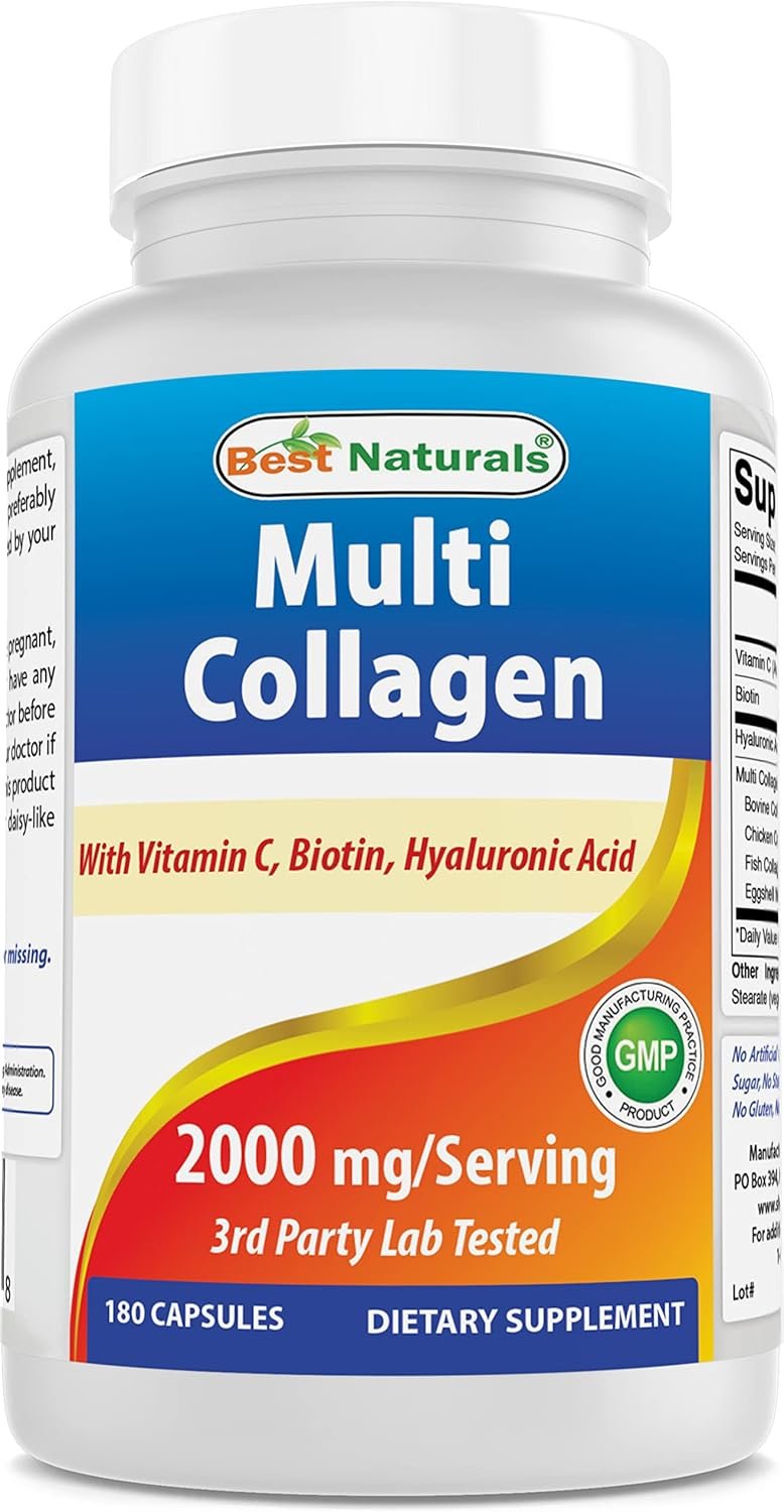 Best Naturals Multi Collagen Pills 2000mg for Women & Men – Hydrolyzed Collagen Peptides Capsules for Hair Skin and Nails with Types I II III V X, Biotin, Hyaluronic Acid & Vitamin C