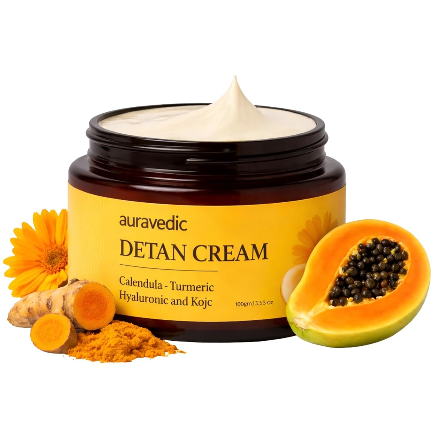 Auravedic De-Tan Face Cream | Fades Sun Damage, Dark Spots & Uneven Skin Tone | Turmeric, Papaya & Calendula | Lightweight, Non-Greasy Formula for All Skin Types | 3.53 Oz (100g)