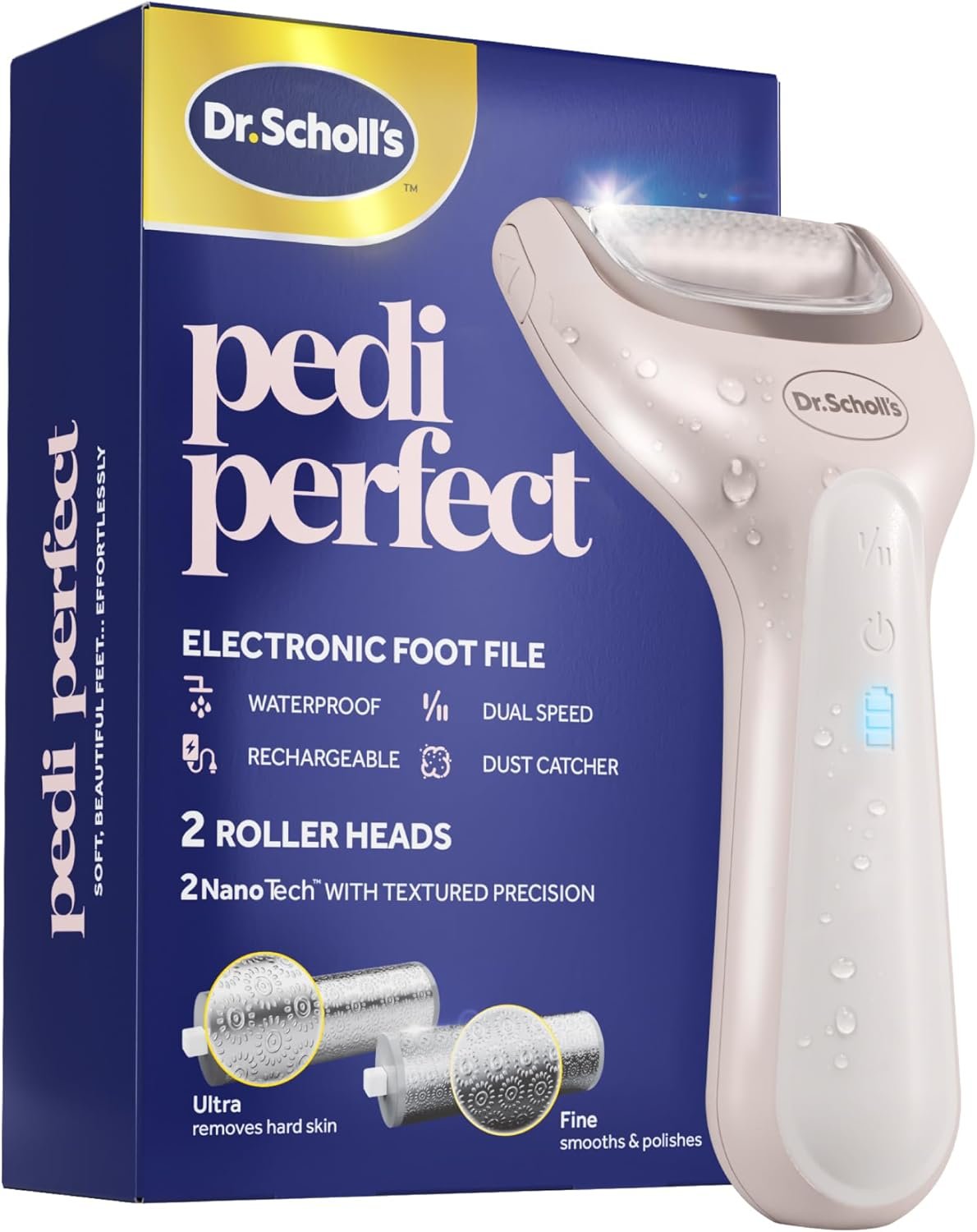 Dr. Scholl’s Pedi Perfect Electric Foot Callus Remover, Waterproof, Rechargeable with x2 Roller Heads, Removes Hard Skin for Soft Beautiful Feet, 90 Minute Run Time, Dust Catcher, Pedicure Tools