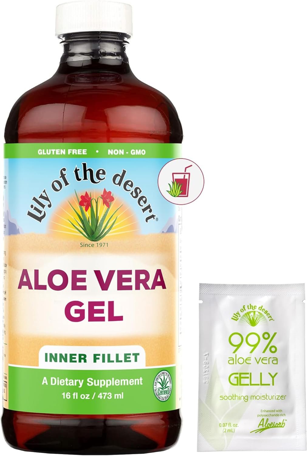 Lily of The Desert Aloe Vera Gel – Inner Fillet Filtered Aloe Vera Drink, Thicker Consistency,Digestive Enzymes for Gut Health, Stomach Relief, Wellness Glowing Skin 16 Fl Oz Gelly Sachet Included.