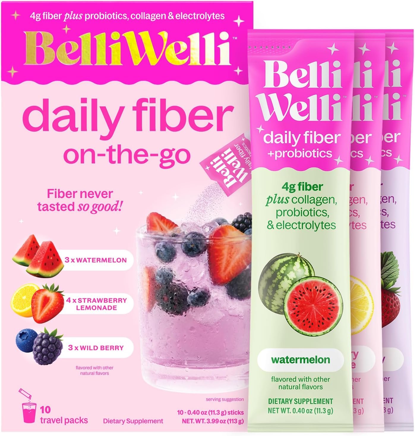 Belli Welli Daily Fiber Supplement Packets with Collagen, Probiotics & Electrolytes | Single Serve Packets for Gut Health, Digestion & Debloating | Variety | 10 Count