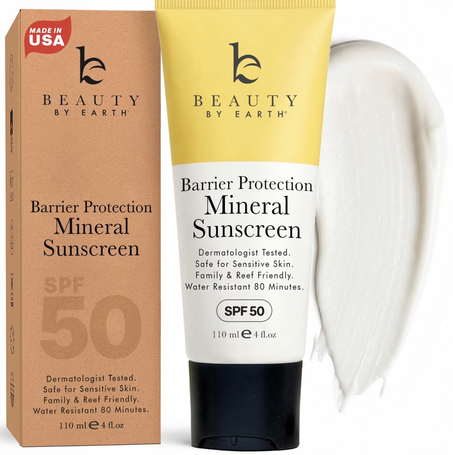 Mineral Sunscreen for Body SPF 50 – Reef Friendly Broad Spectrum Zinc Oxide, Made in USA with Organic & Natural Ingredients, Water Resistant 80 Min, Non Toxic Baby Sunblock for Kids, No White Cast