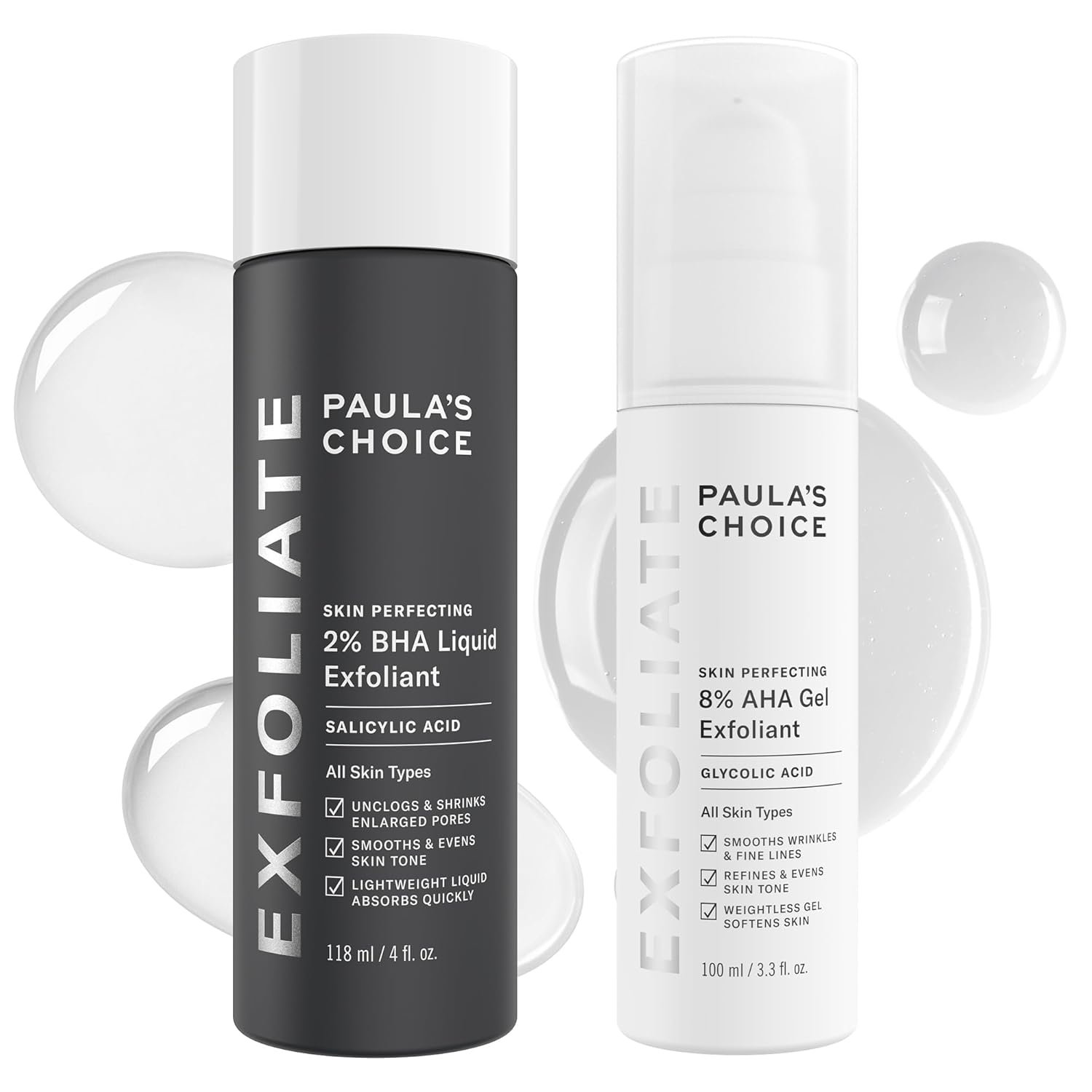Paula’s Choice SKIN PERFECTING 8% AHA Gel Exfoliant & 2% BHA Liquid Duo – Facial Exfoliants for Blackheads, Enlarged Pores, Wrinkles, and Fine Lines w/Glycolic and Salicylic Acid