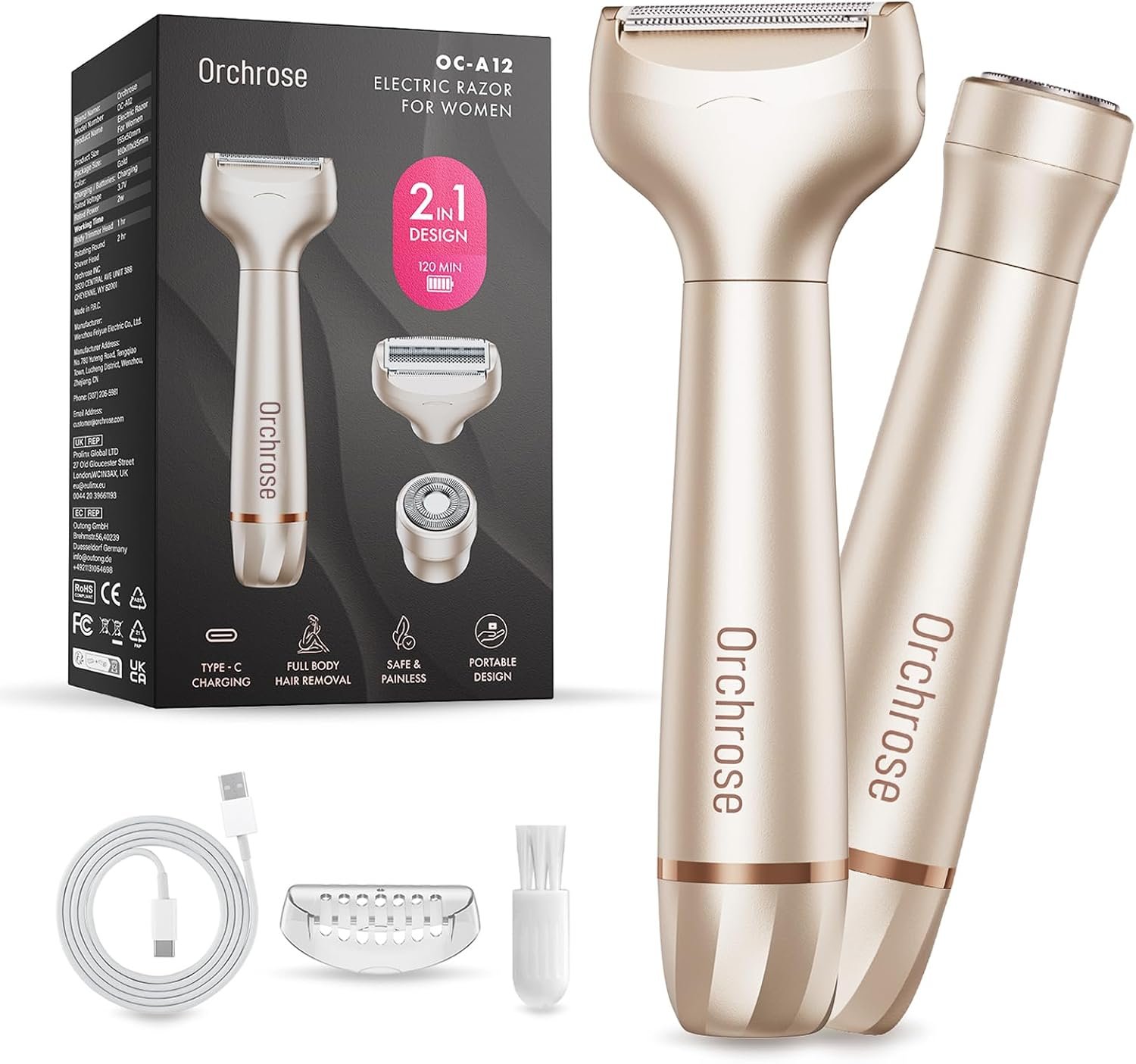 Orchrose Electric Razor for Women Rechargeable: 2-in-1 Painless Shaver for Face Legs Underarms and Bikini Area – Twist to Open Design Preventing Accidental Activation