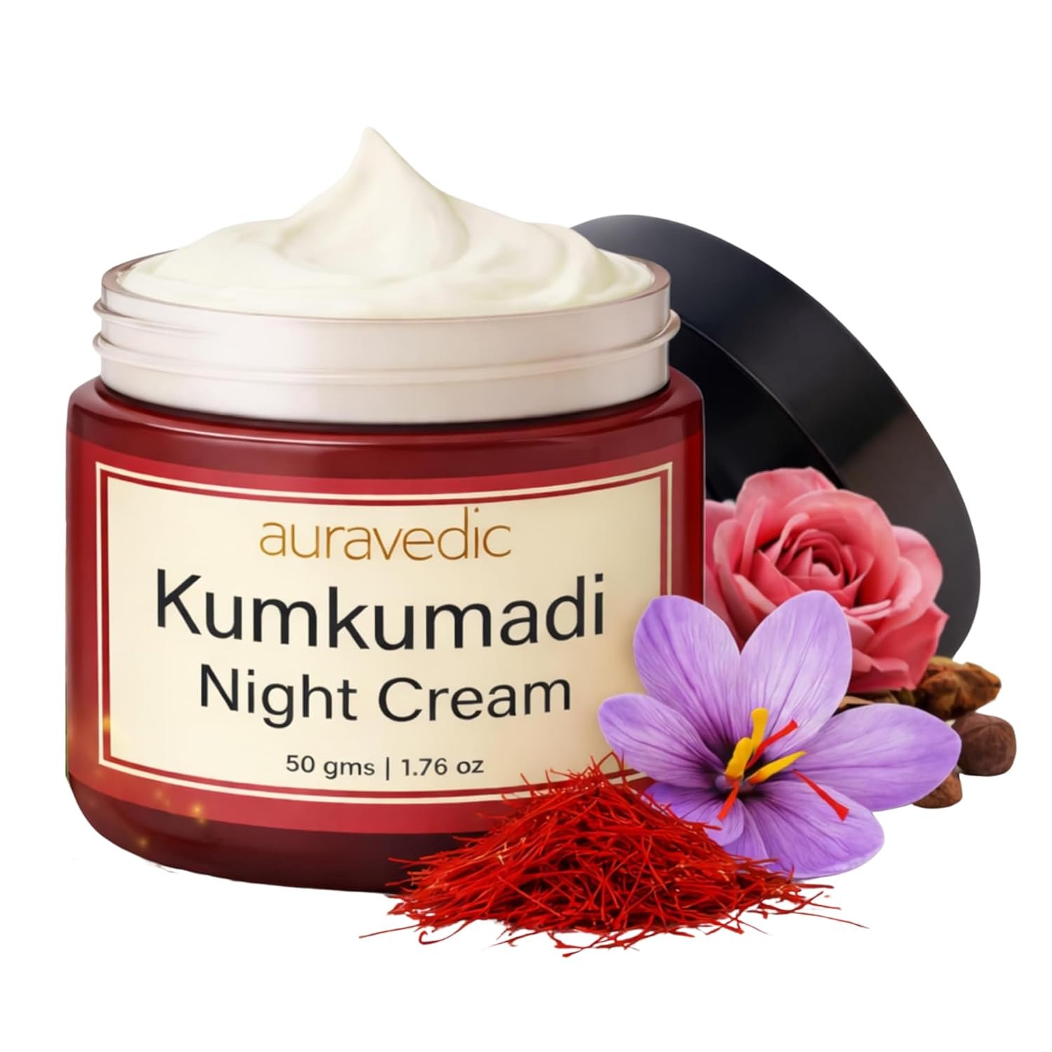 Auravedic Kumkumadi Night Cream with Retinol, Niacinamide & Saffron | Deep Hydration for Smooth, Even-Looking Skin | Overnight Repair & Radiance Support | 1.76 Oz (50g)