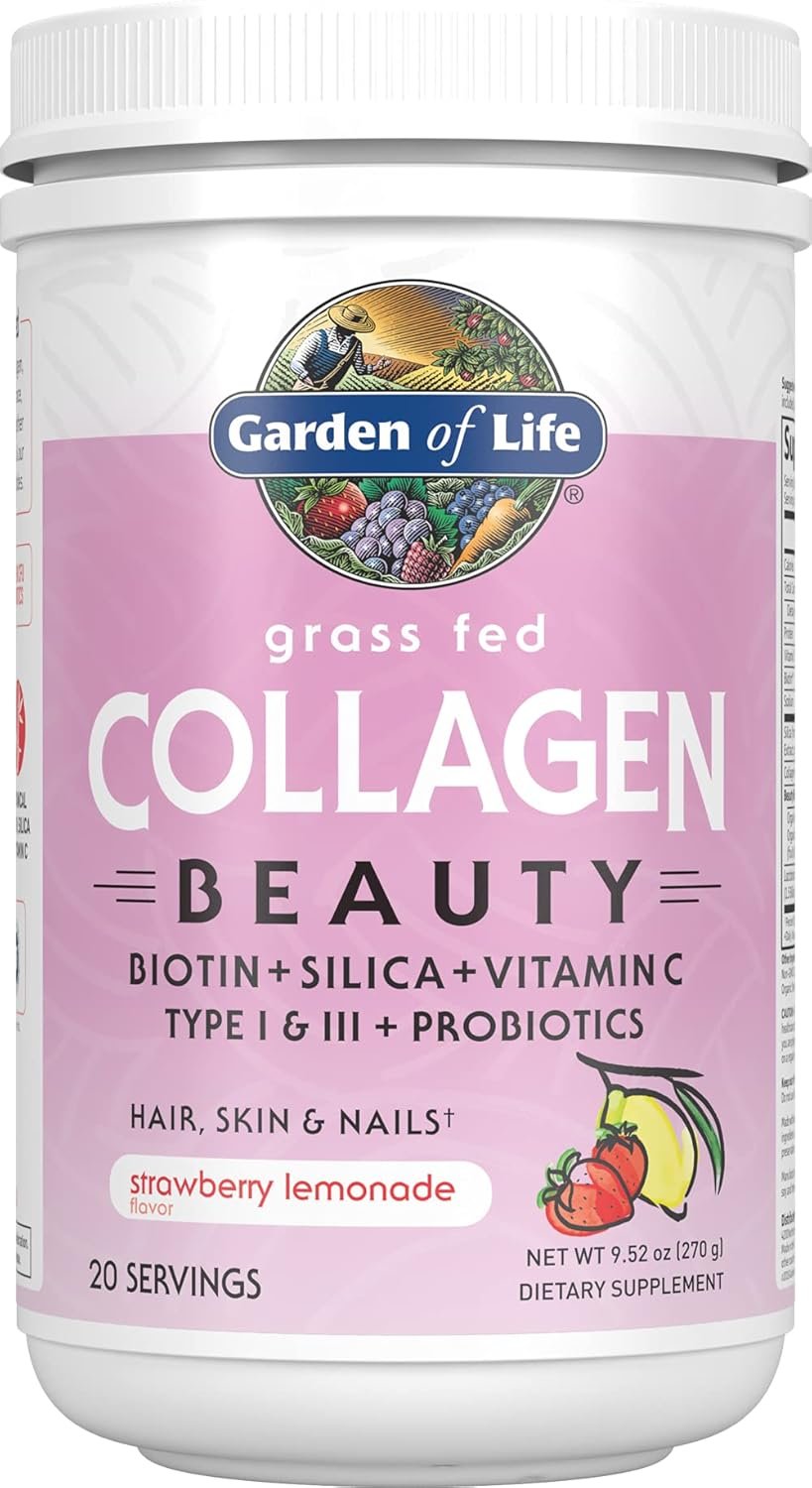 Garden of Life Grass Fed Collagen Beauty – Strawberry Lemonade, 20 Servings, Powder for Women Men Hair Skin Nails, Hydrolyzed Collagen Peptides Protein Powder Supplement