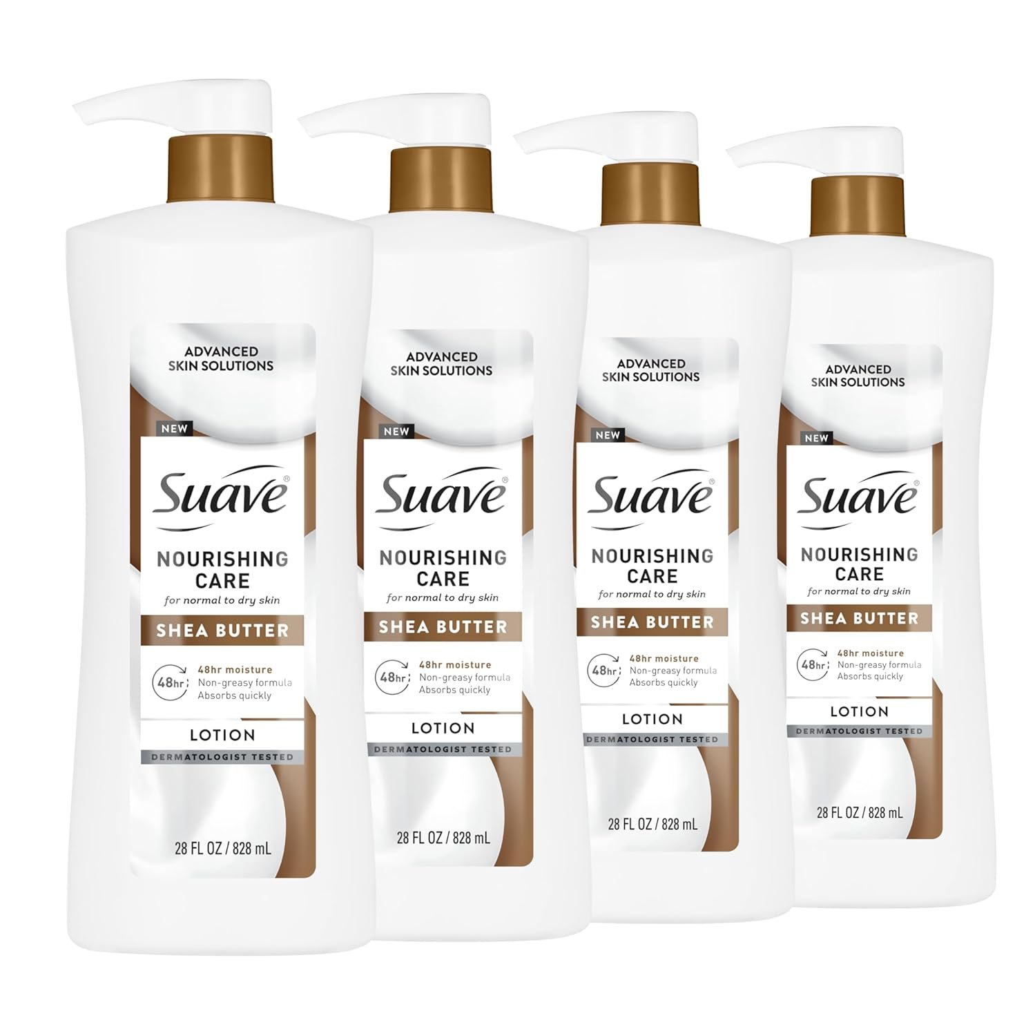 Suave Nourishing Care Hand & Body Lotion with Shea Butter for Women, Deep Moisture for Dry Skin, Fast Absorbing, Allergen Free Moisturizing Cream, 28 FL OZ, 4 Pack