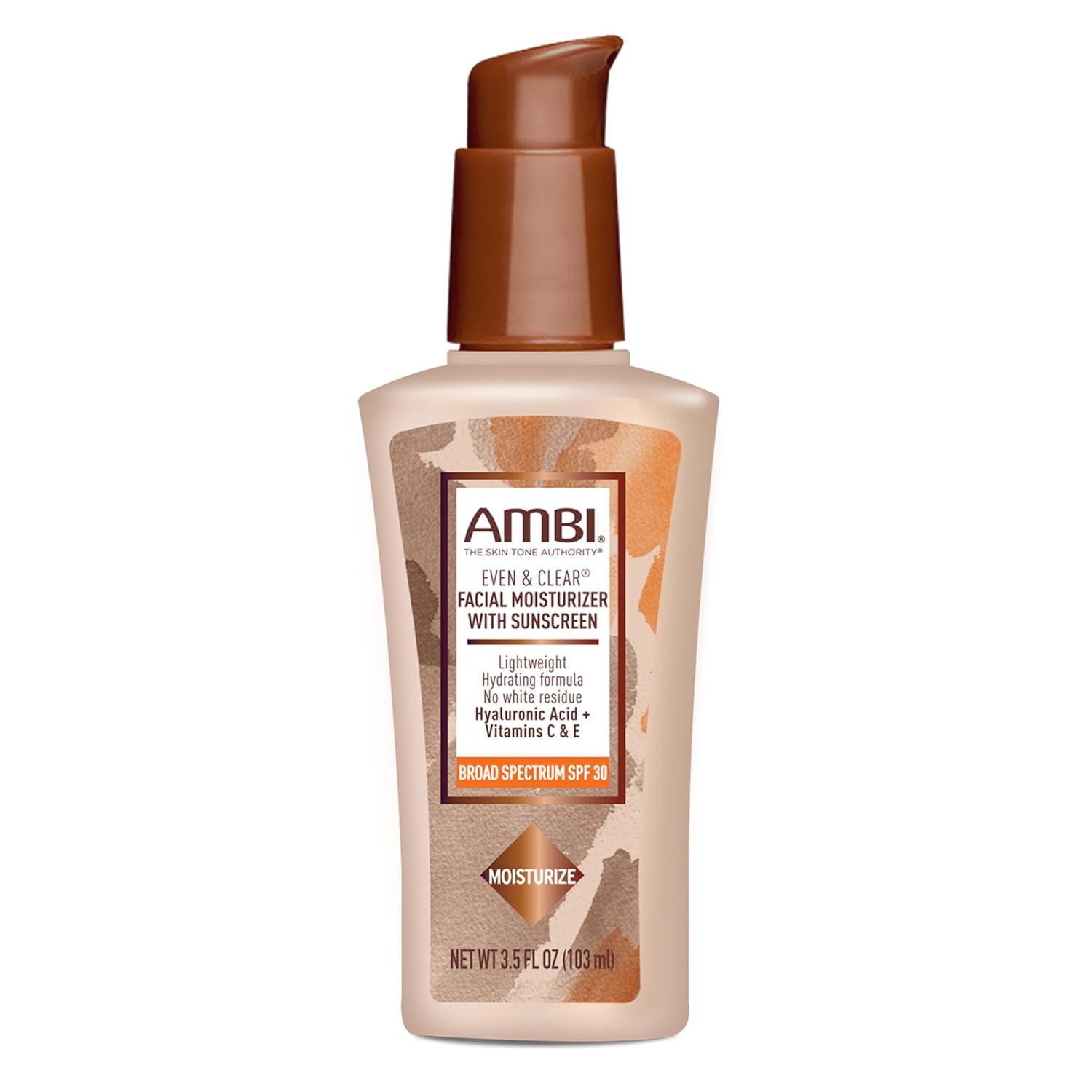 AMBI Even & Clear Facial Moisturizer SPF 30, Daily Face Lotion for Uneven Skin Tone, Hyaluronic Acid, Vitamins C & E, Lightweight Sunscreen, No White Cast, For All Skin Types, 3.5 Fl Oz