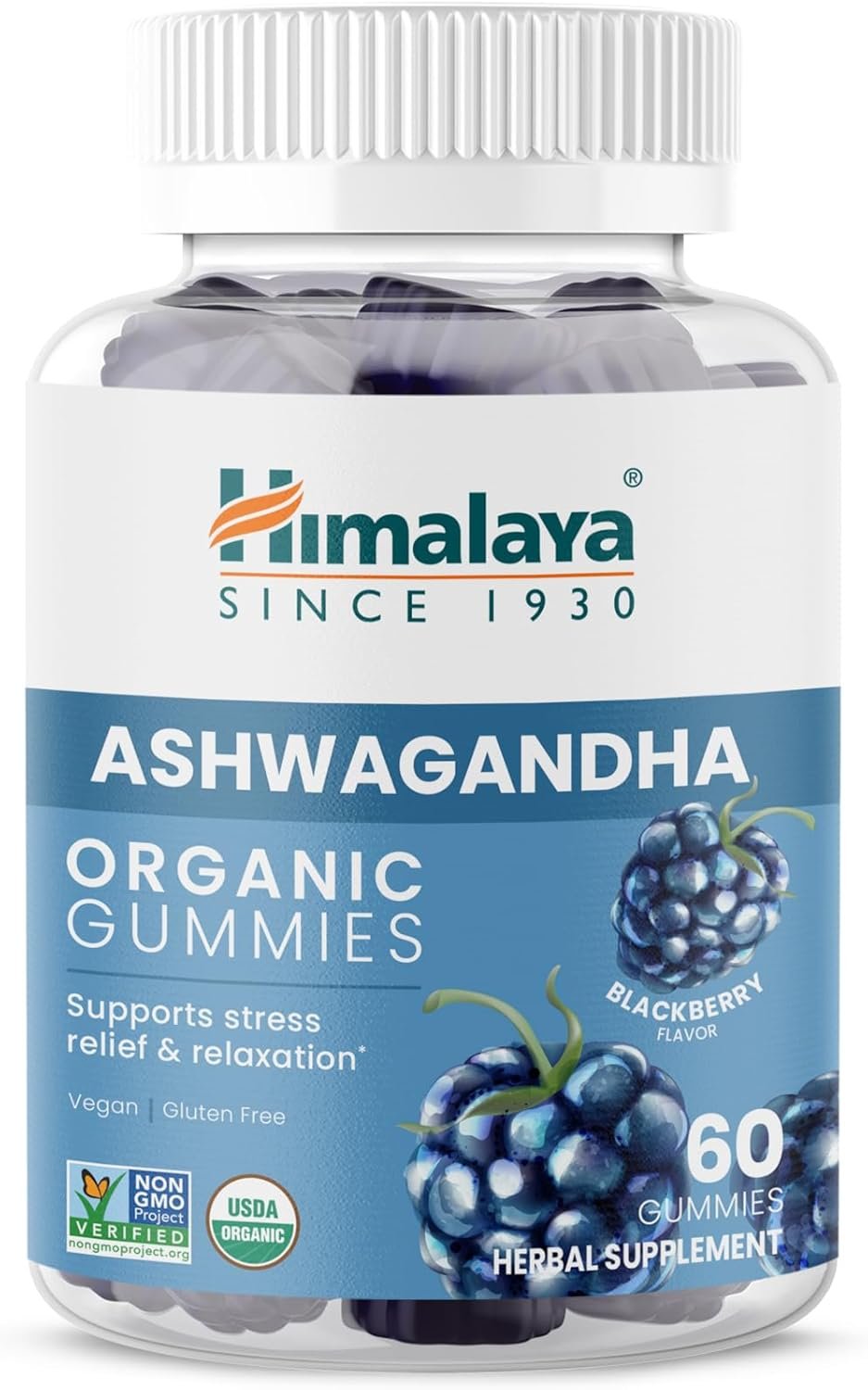 Himalaya KSM-66 Organic Ashwagandha Gummies, Ashwagandha Supplements to Help with Stress Relief, Energy and Relaxation, Ashwagandha Gummies for Women and Men, Delicious BlackBerry Flavor, 60 Gummies