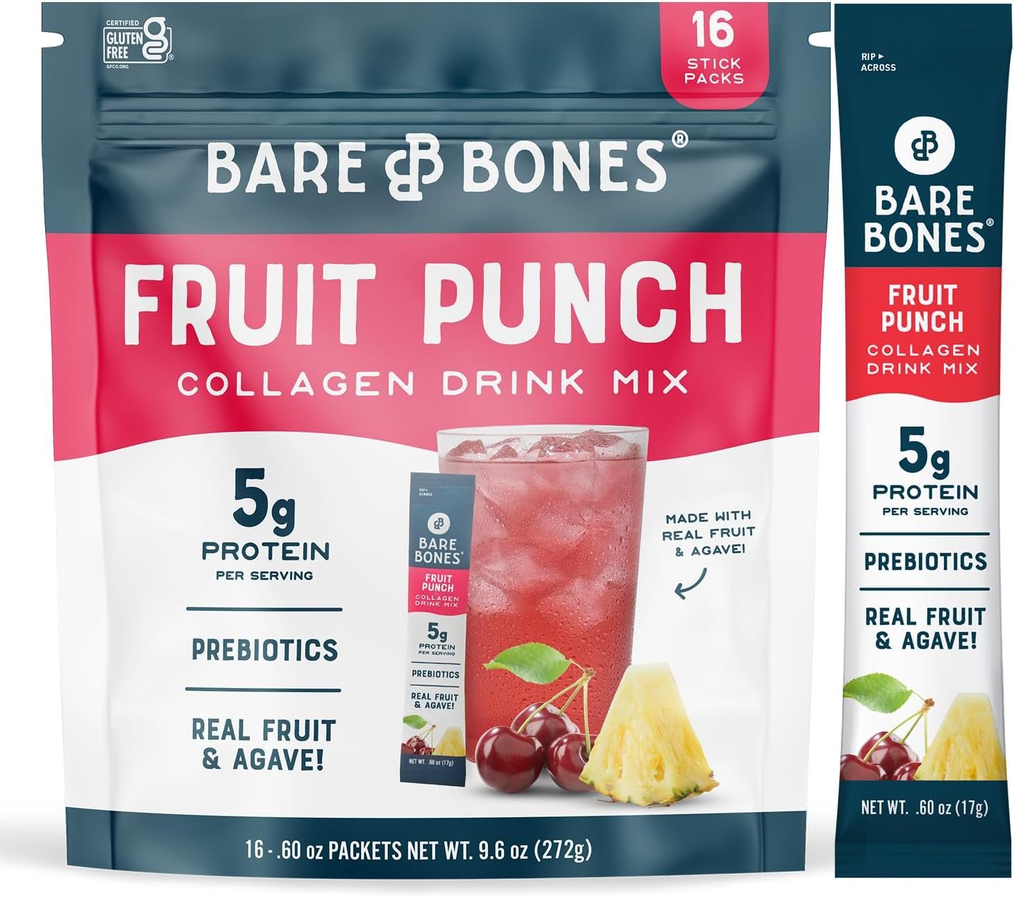 Bare Bones Fruit Punch Fruit Collagen Peptides Powder Drink Mix Packets | 5g Protein | Naturally Sweetened | Light & Flavorful | Gluten-Free On-the-Go Stick Single-Serve | 16 Packets (0.60 oz)
