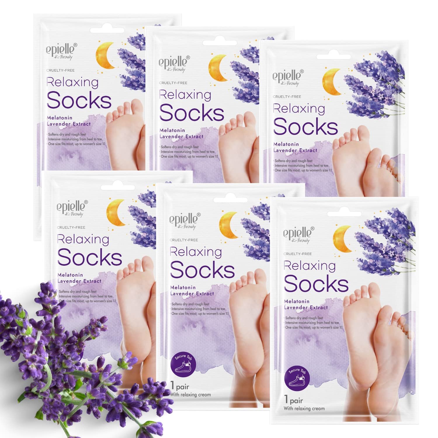 Epielle Relaxing Foot Mask 6 Pairs, Soften and Restore with Melatonin & Lavender Extract, Deep Moisturizing Socks for Dry, Cracked Feet, Self Care Gifts for Women, Spa Kit