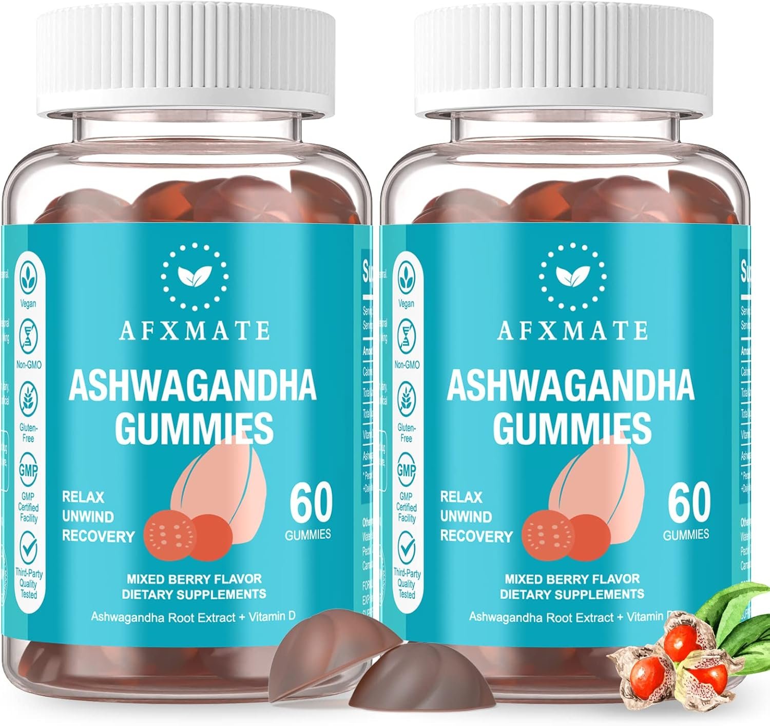 AFXMATE Ashwagandha Gummies with 1000 IU Vitamin D3, 300mg Ashwagandha Root Extract for Men and Women, Sugar Free, Vegan, 120 Gummies