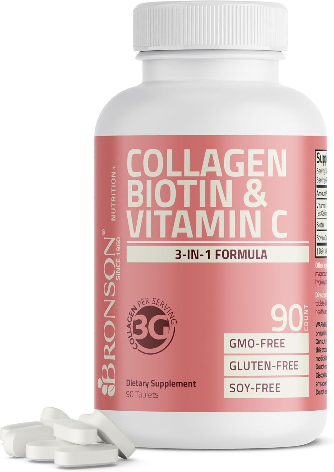 Bronson Collagen Peptides 3000mg (per Serving) with Biotin & Vitamin C – for Hair, Skin & Nails Support, Non-GMO, 90 Tablets