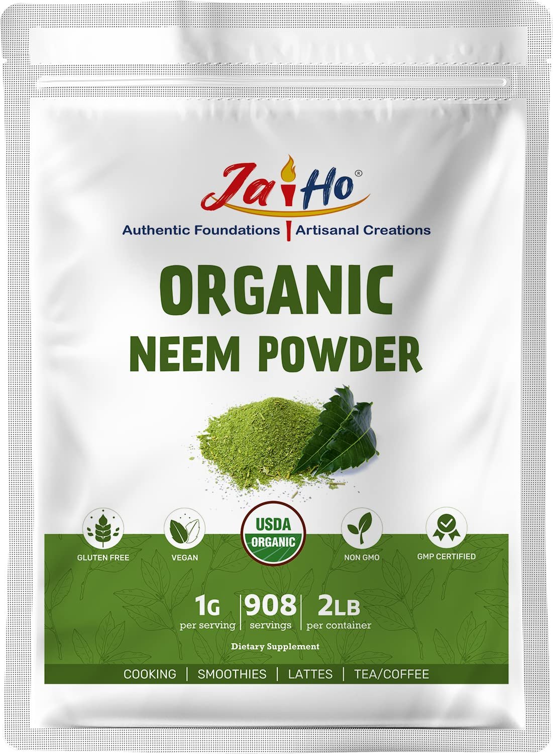 Jai Ho Organic Neem Powder – 2 LB – Gluten-Free, Vegan, Non-GMO – Resealable Zip Lock Pouch