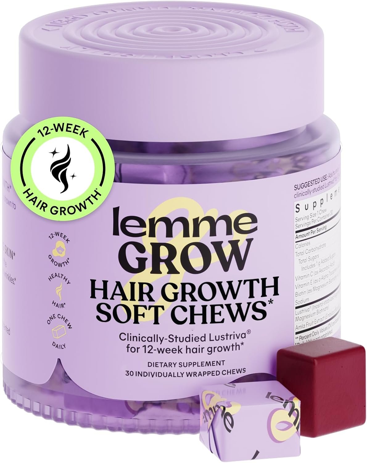 Lemme Grow Hair Growth Booster Soft Chews w/Vitamins for Women and Men with Clinically Studied Lustriva and Biotin, Promotes Thicker, Fuller, Stronger Hair, Mixed Berry, 30 Day Supply