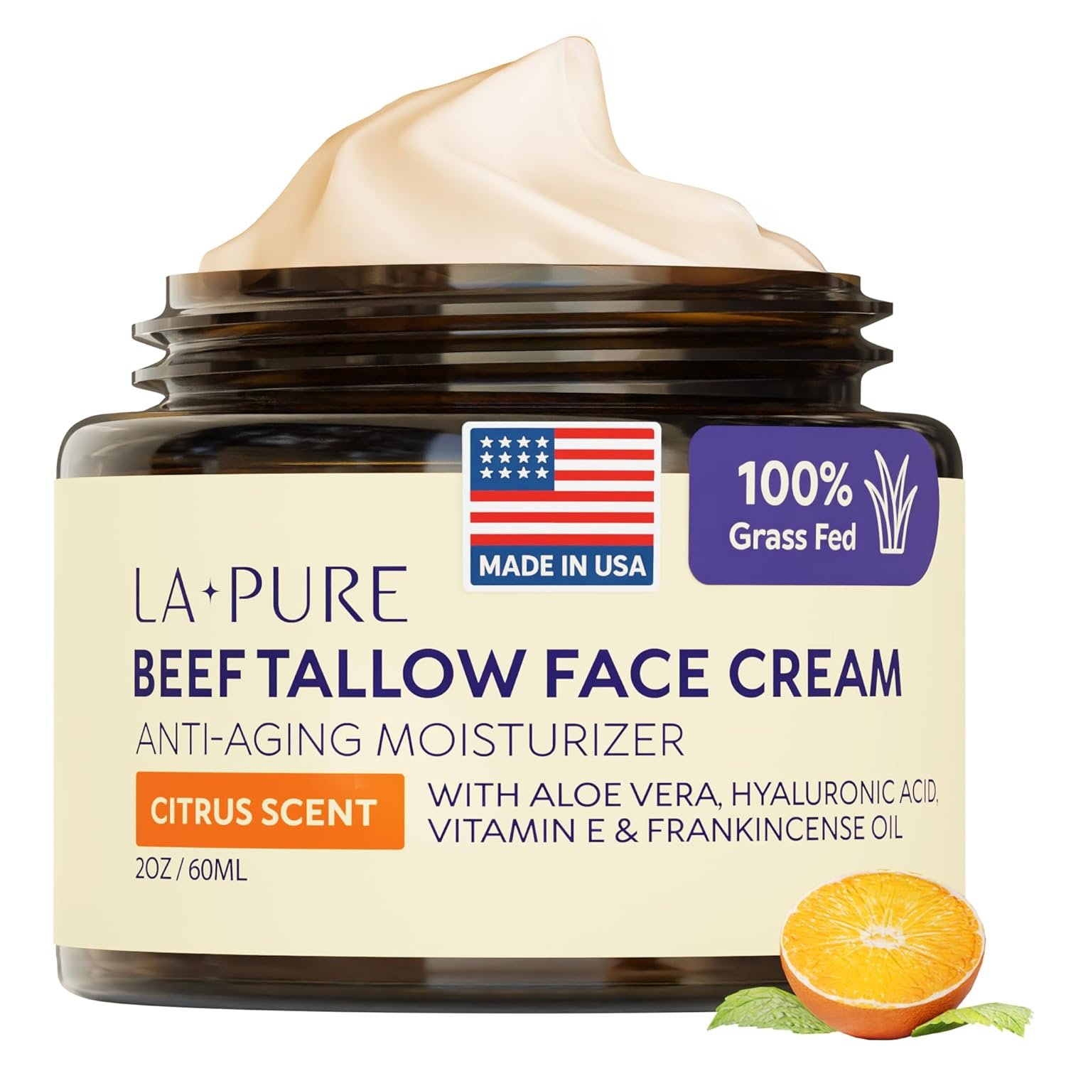 LA PURE Beef Tallow for Skin, Grass-Fed Tallow Face Cream with Aloe Vera, Hyaluronic Acid, Frankincense & Vitamin E to Hydrate, Firm, and Smooth Skin, Non-Greasy Moisturizer, Citrus Scent, 2 oz