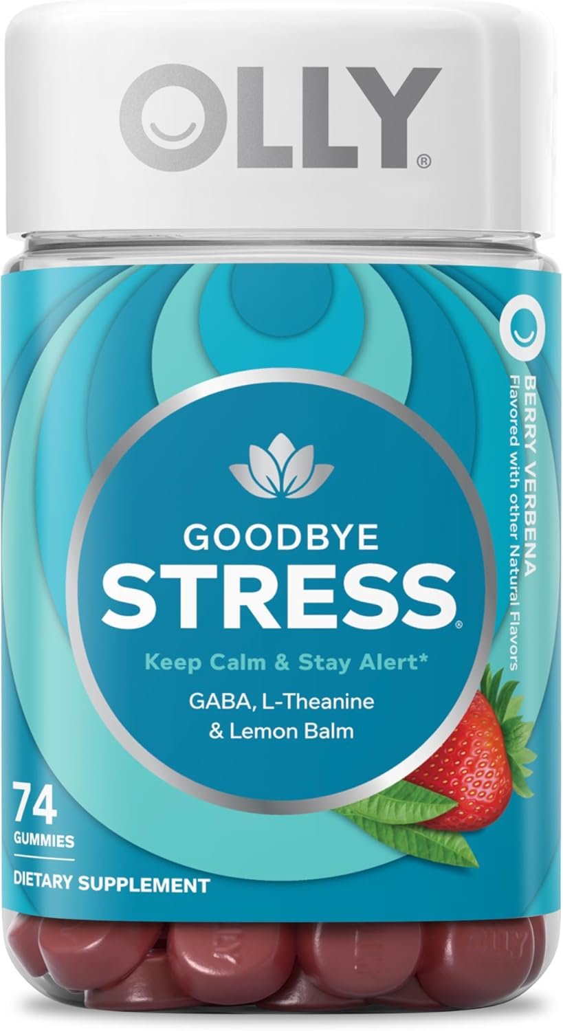 OLLY Goodbye Stress Gummy, GABA, L-Theanine, Lemon Balm, Stress Relief Supplement, Berry – 74 Count