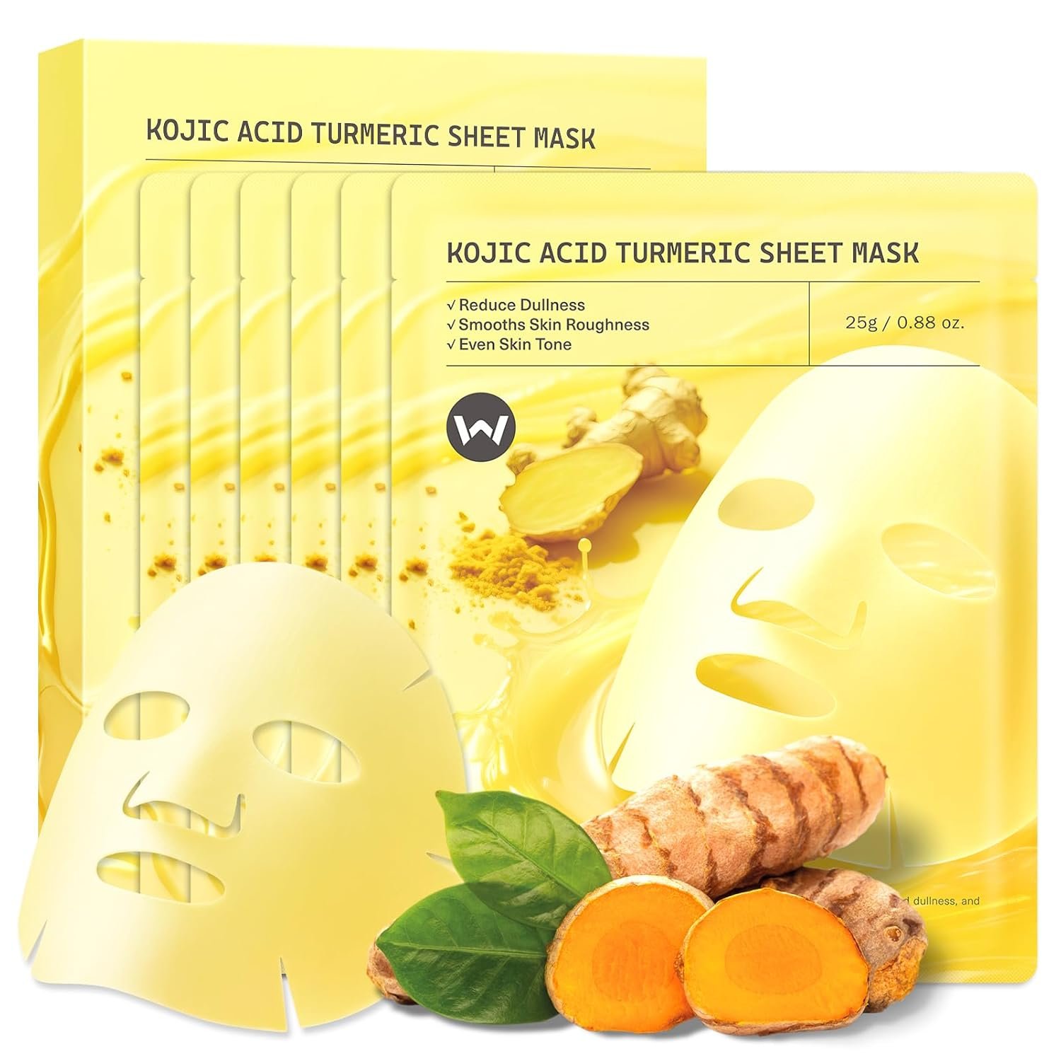 6 Sheet Masks Kojic Acid Turmeric Face Mask Even-Looking Skin Tone, Elasticity, Radiant, Hydrating Face Masks for Dull Skin Facial Mask Controlling Oil and Refining Pores Facemask Skincare