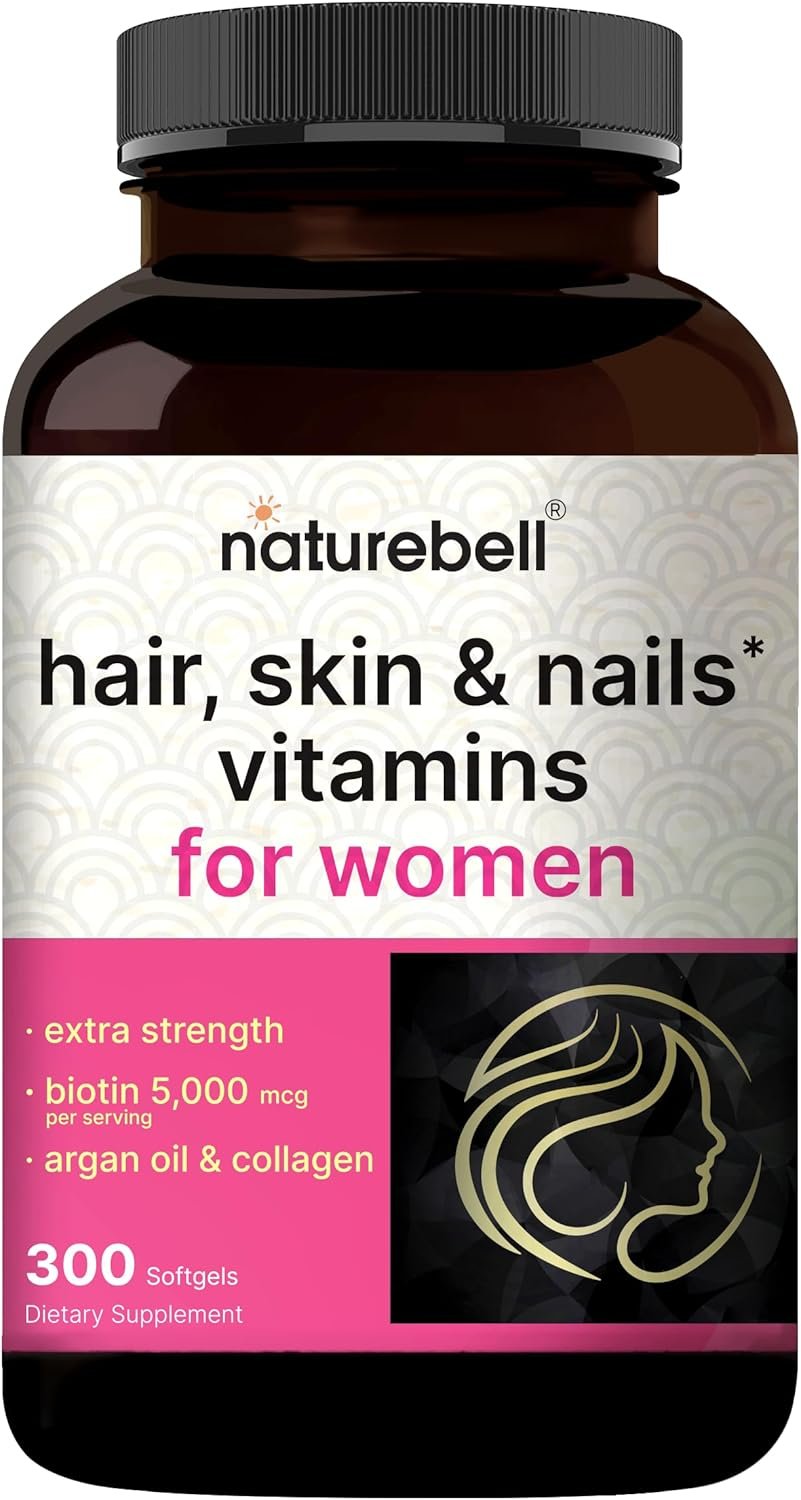 NatureBell Hair, Skin & Nails* Vitamins for Women – 5000mcg Biotin, Collagen, Keratin, Hyaluronic Acid, Argan Oil & B‑Complex – 21‑in‑1 Formula with MCT Oil, 300 Softgels (100 Days Supply)