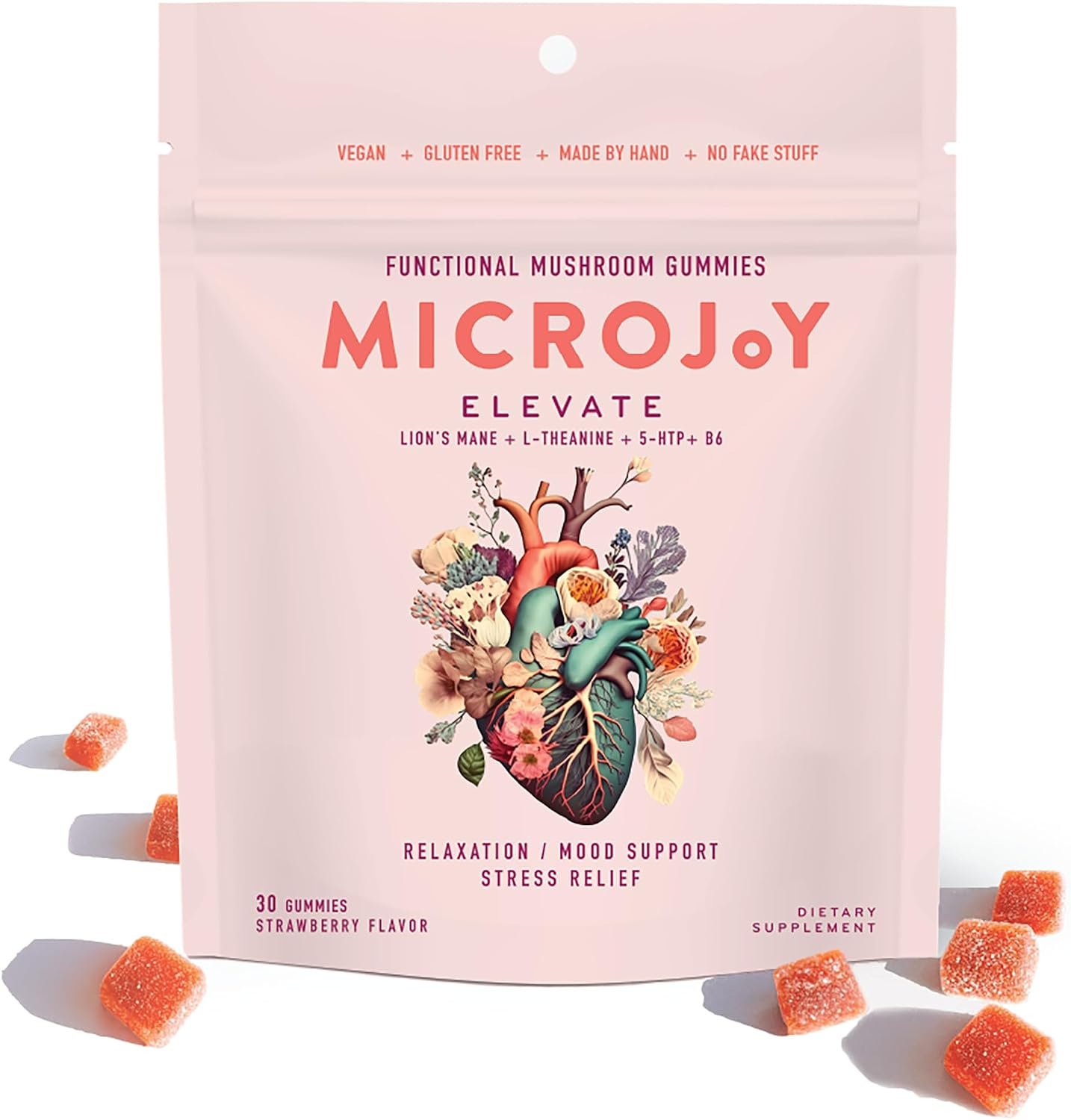 Microjoy Elevate – Mood Support, Relaxation & Stress Relief Gummies – with L-Theanine, Lion’s Mane, 5-HTP & B6 – Vegan, Non-GMO – 30ct – Strawberry