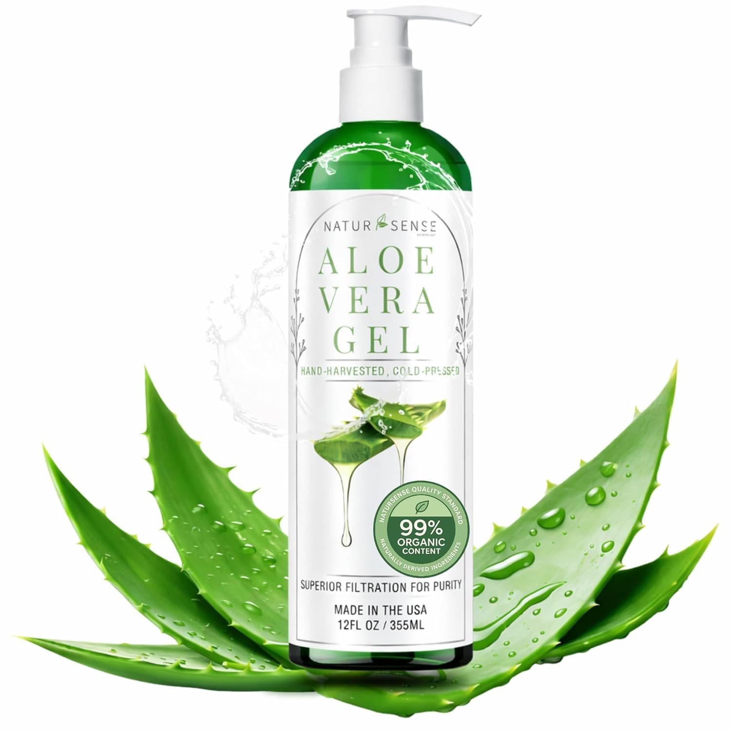 NaturSense 99% Organic Aloe Vera Gel for Face, Hair & Sunburn Relief – Cold Pressed Pure Aloe Juice, Vegan Unscented Moisturizer for Dry Skin, Scalp, Acne, Razor Bumps, Sensitive Skin – 12 oz USA