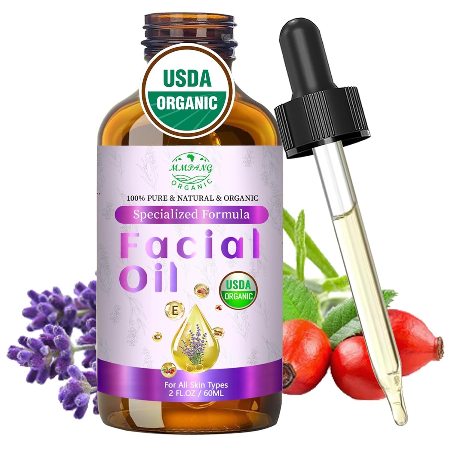 Rosehip Oil, Lavender Oil for Face, Facial Oils Blend Anti Aging with Frankincense & Pomegranate | Organic 100% Natural & Cold Pressed for Women Moisturizing, Brightening & Youthful Glow, 2 fl oz
